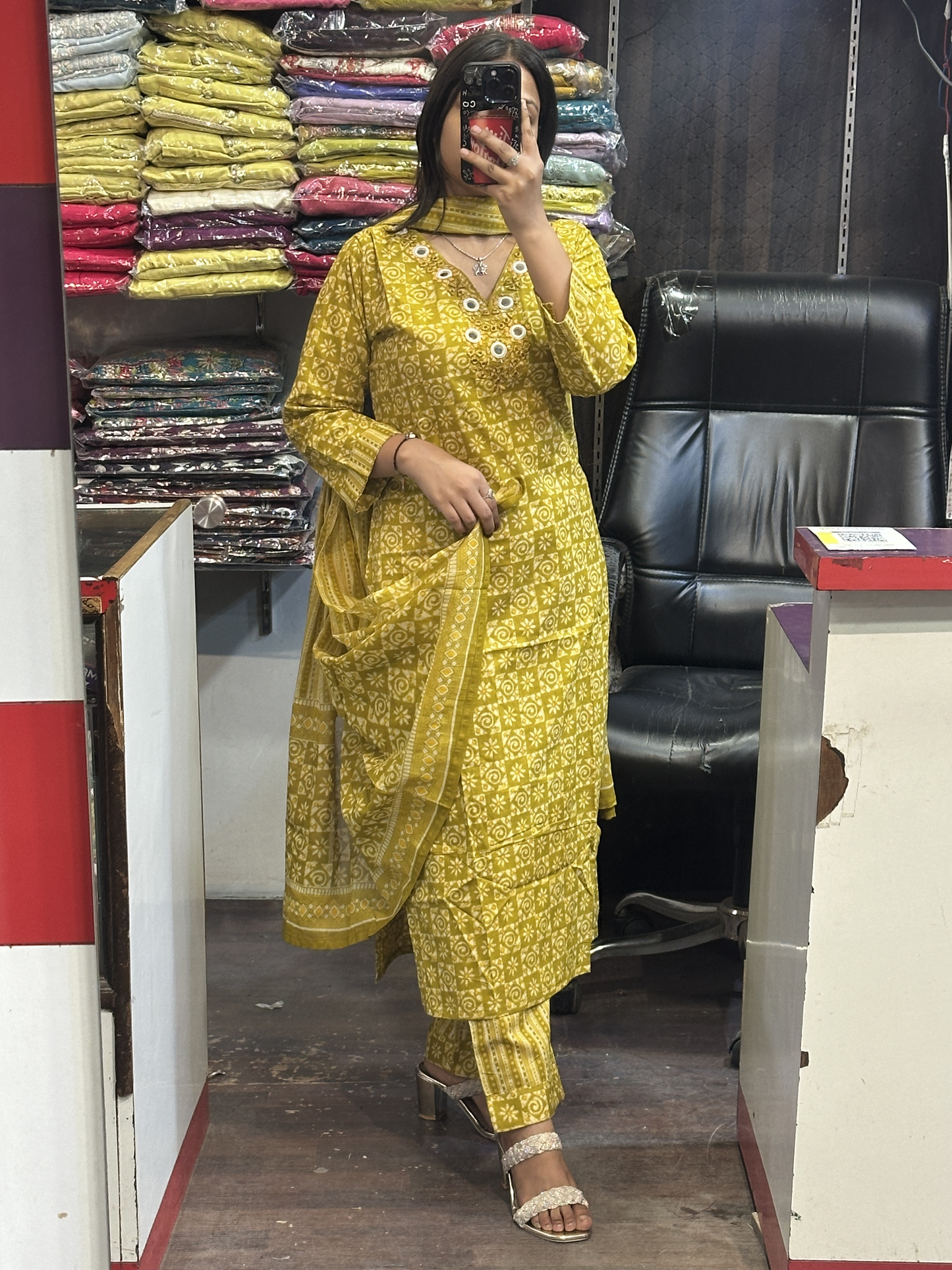 V Neck Orignal Mirror Work Pure Cotton Pant with Full Cotton Dupatta