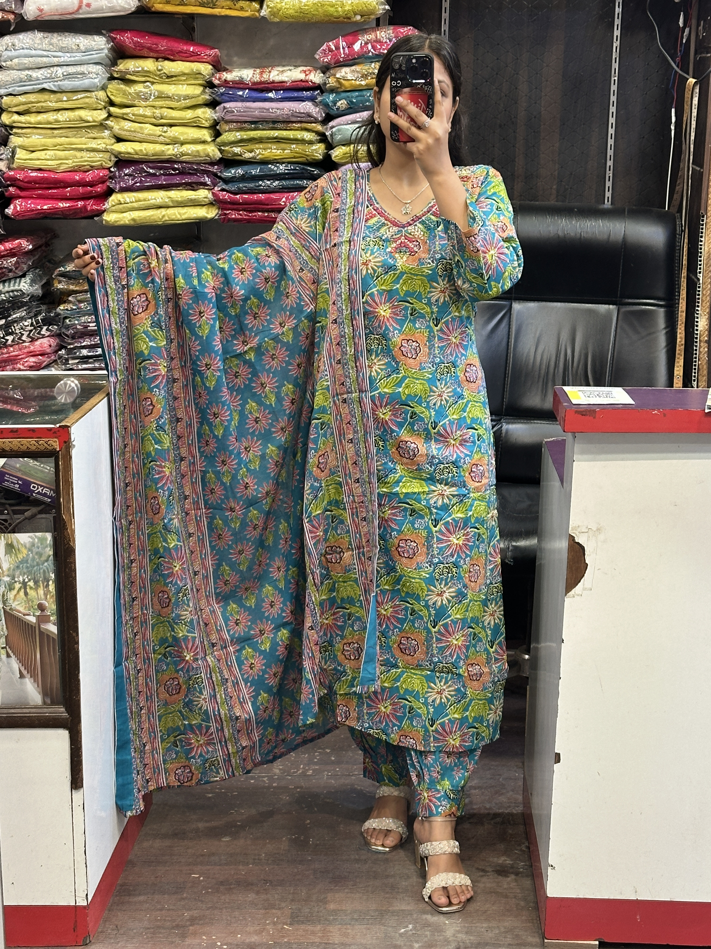 Afghani Salwar Pure Cotton V Neck Original Mirror Work on Neck with Full Cotton Dupatta