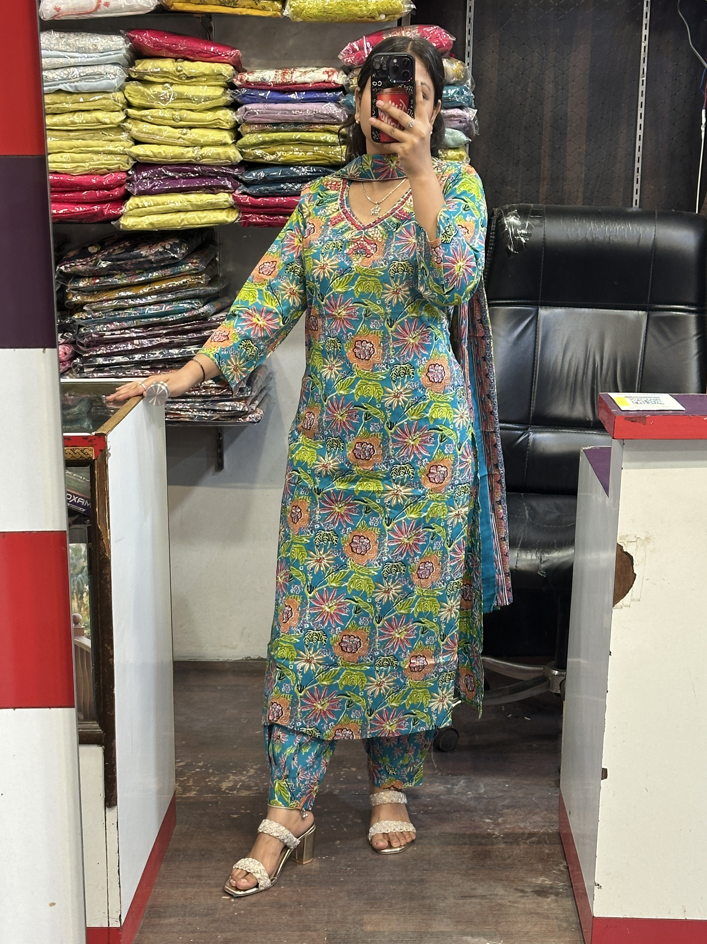 Afghani Salwar Pure Cotton V Neck Original Mirror Work on Neck with Full Cotton Dupatta