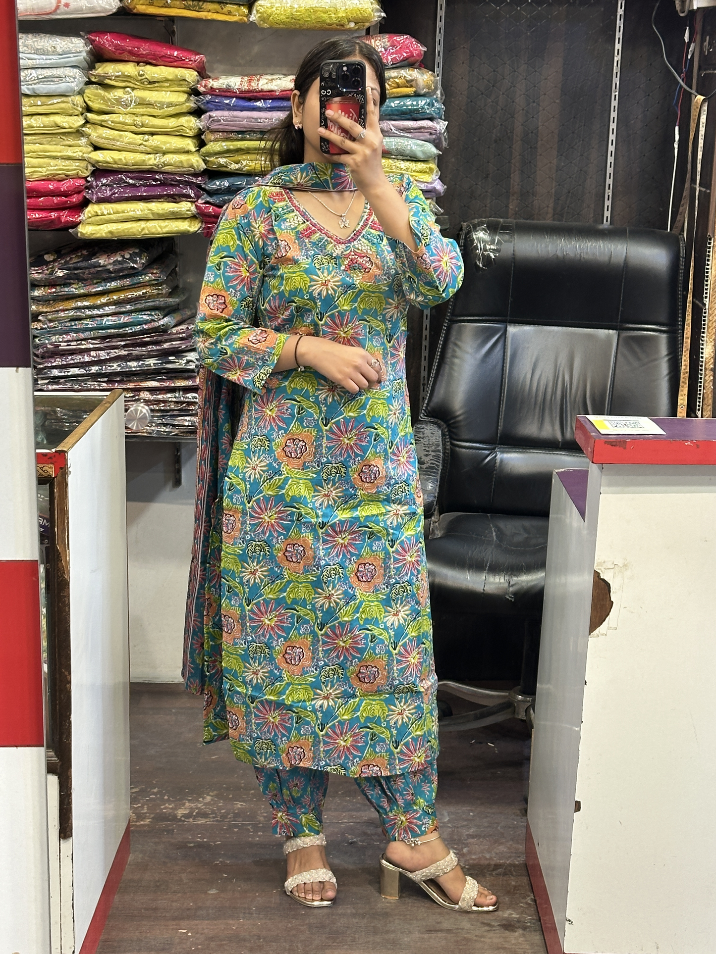 Afghani Salwar Pure Cotton V Neck Original Mirror Work on Neck with Full Cotton Dupatta