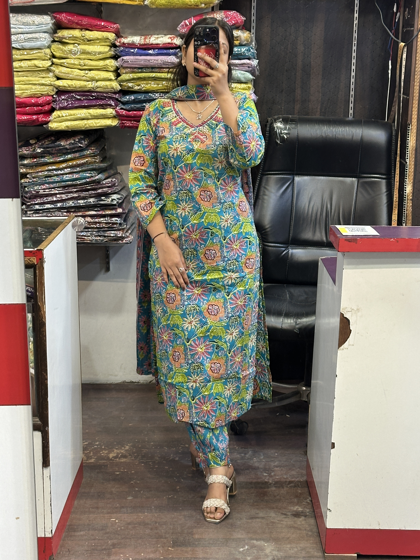 Afghani Salwar Pure Cotton V Neck Original Mirror Work on Neck with Full Cotton Dupatta