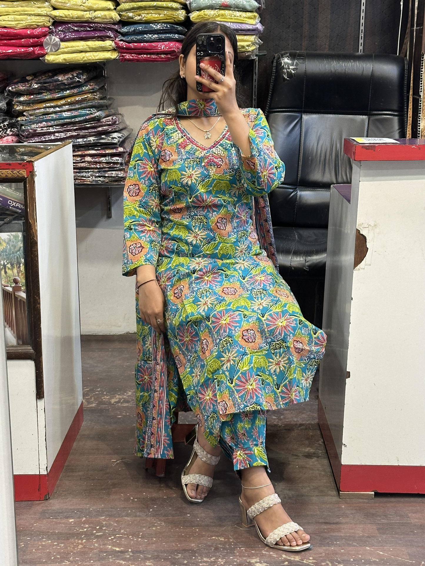 Afghani Salwar Pure Cotton V Neck Original Mirror Work on Neck with Full Cotton Dupatta