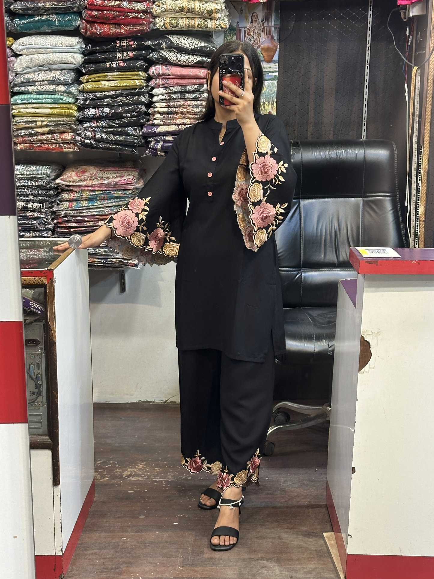 Black Ryon Cotton Coord Set with Designer Embroidered Sleeves & Embroidered Plazo