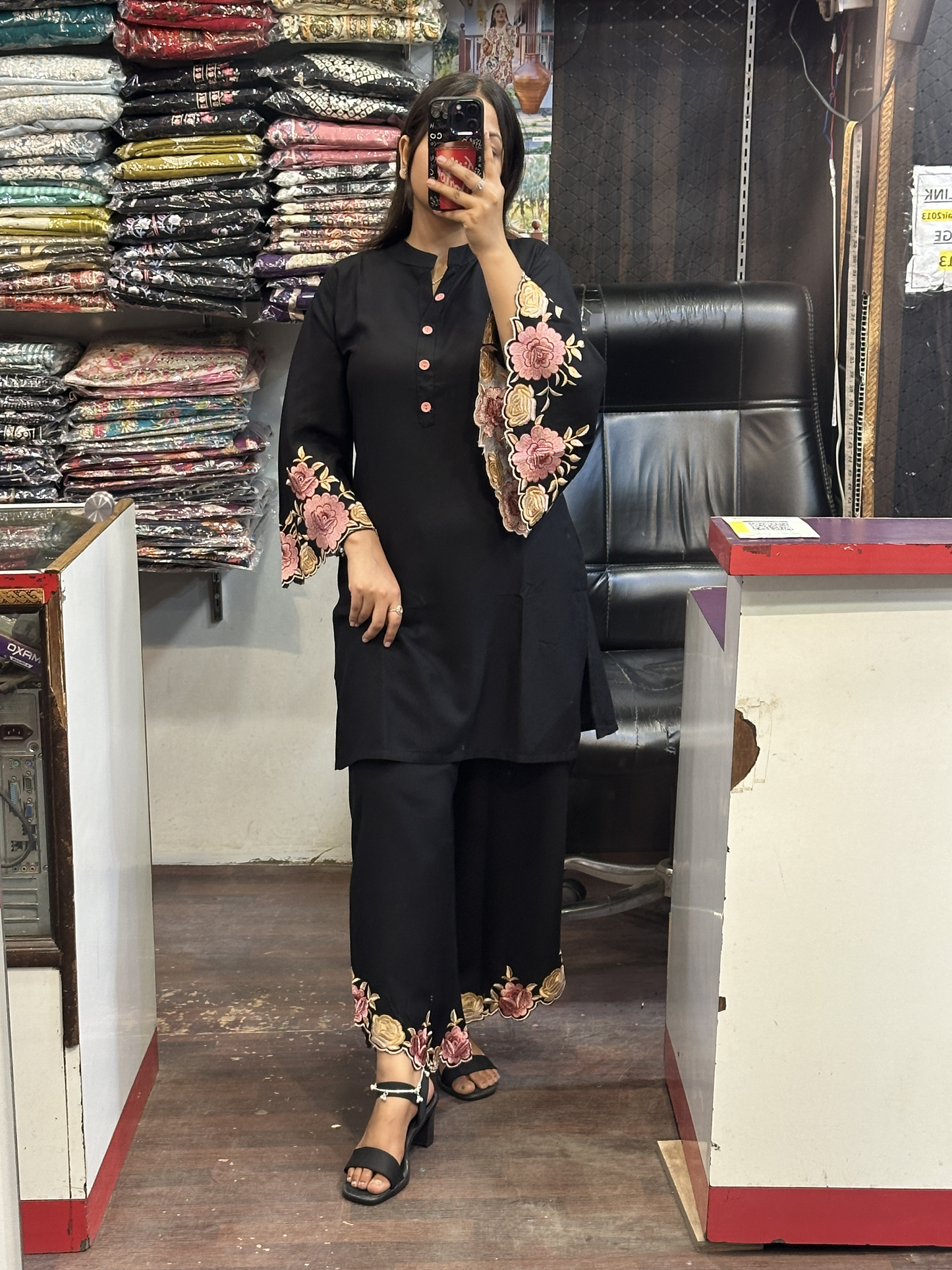 Black Ryon Cotton Coord Set with Designer Embroidered Sleeves & Embroidered Plazo