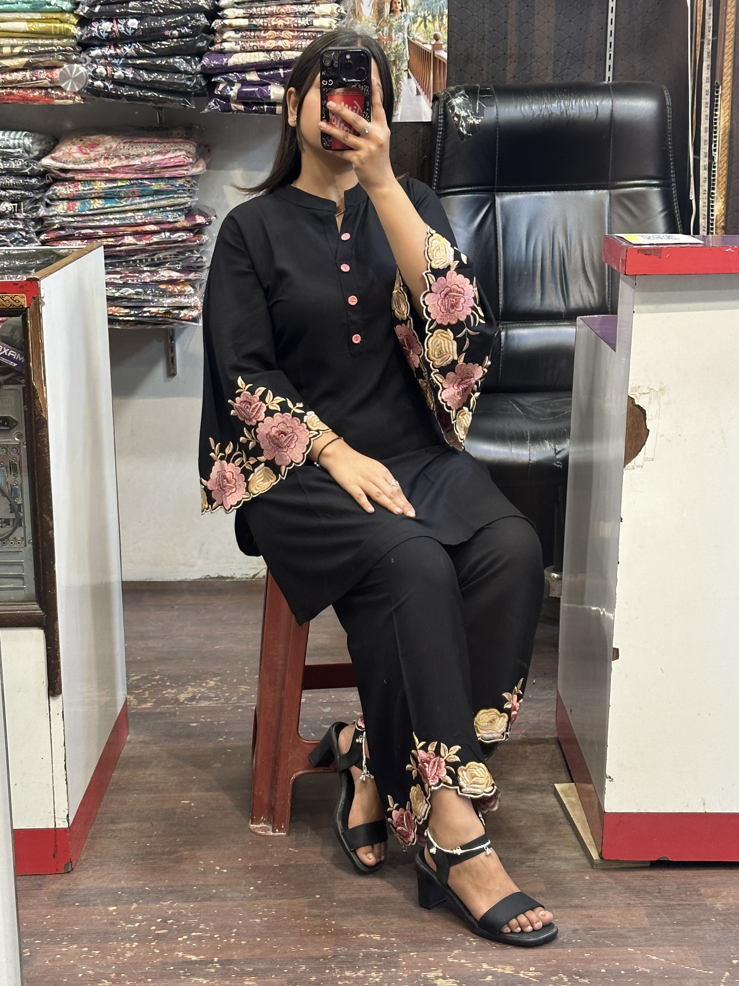 Black Ryon Cotton Coord Set with Designer Embroidered Sleeves & Embroidered Plazo