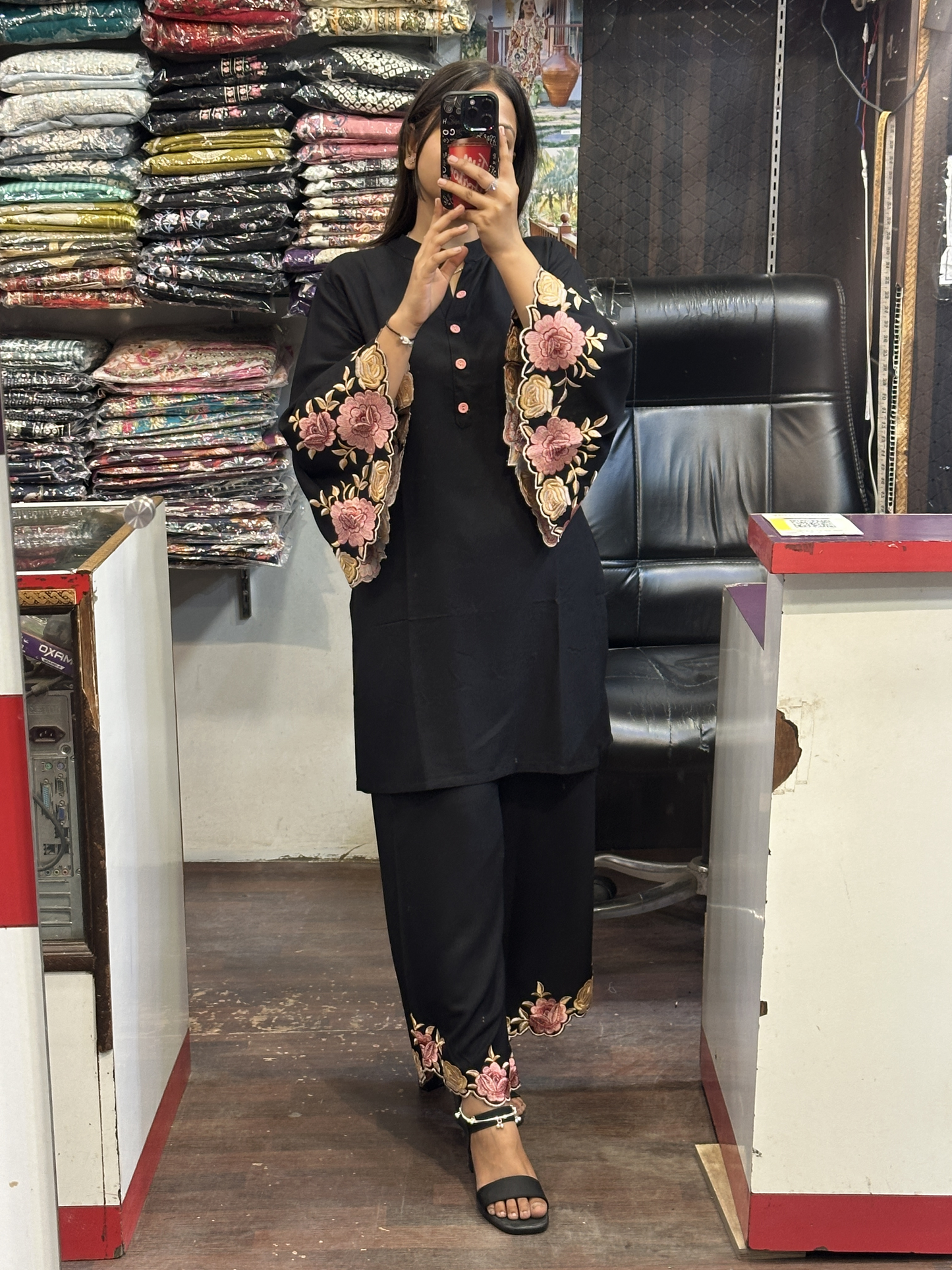 Black Ryon Cotton Coord Set with Designer Embroidered Sleeves & Embroidered Plazo