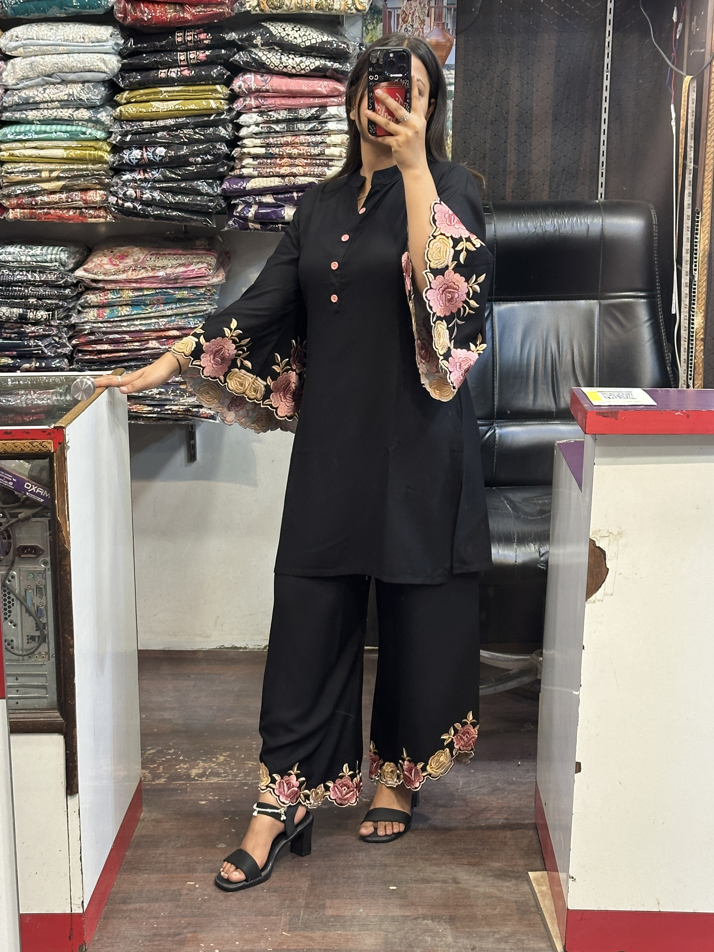 Black Ryon Cotton Coord Set with Designer Embroidered Sleeves & Embroidered Plazo