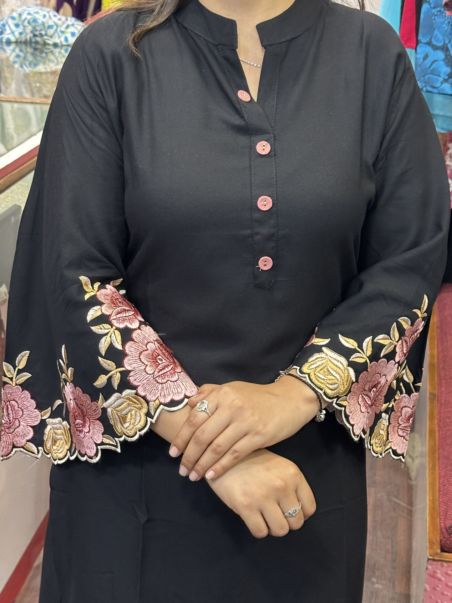 Black Ryon Cotton Coord Set with Designer Embroidered Sleeves & Embroidered Plazo