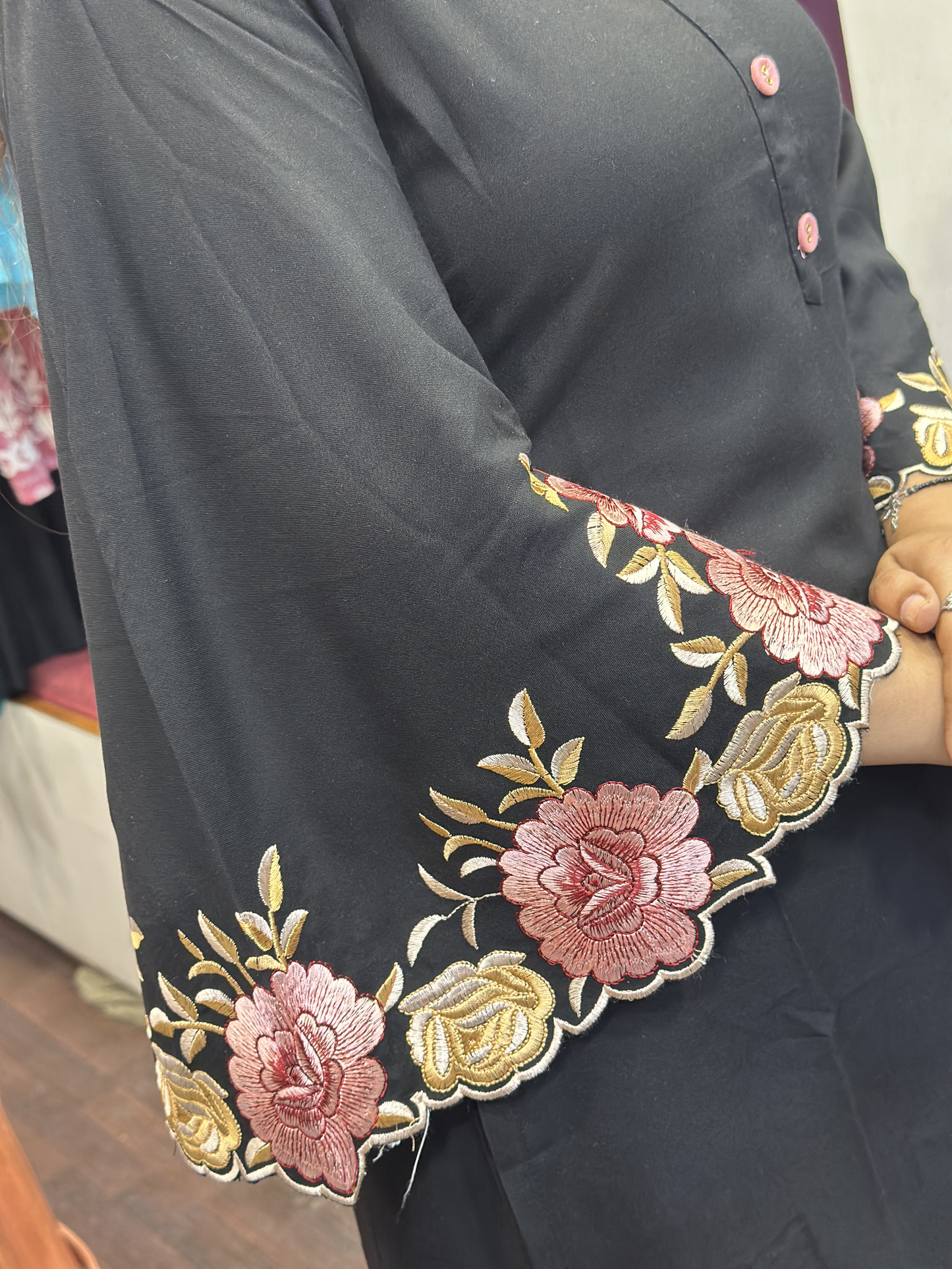 Black Ryon Cotton Coord Set with Designer Embroidered Sleeves & Embroidered Plazo
