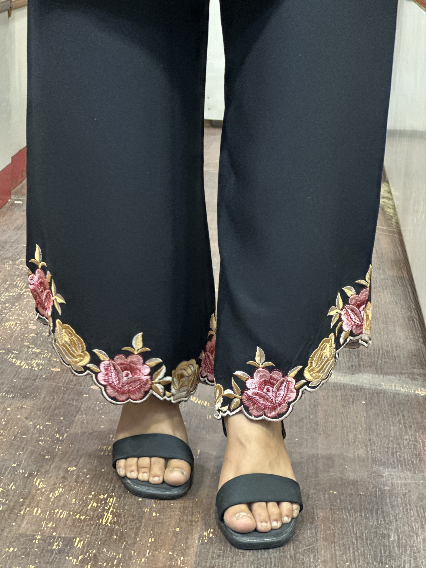 Black Ryon Cotton Coord Set with Designer Embroidered Sleeves & Embroidered Plazo