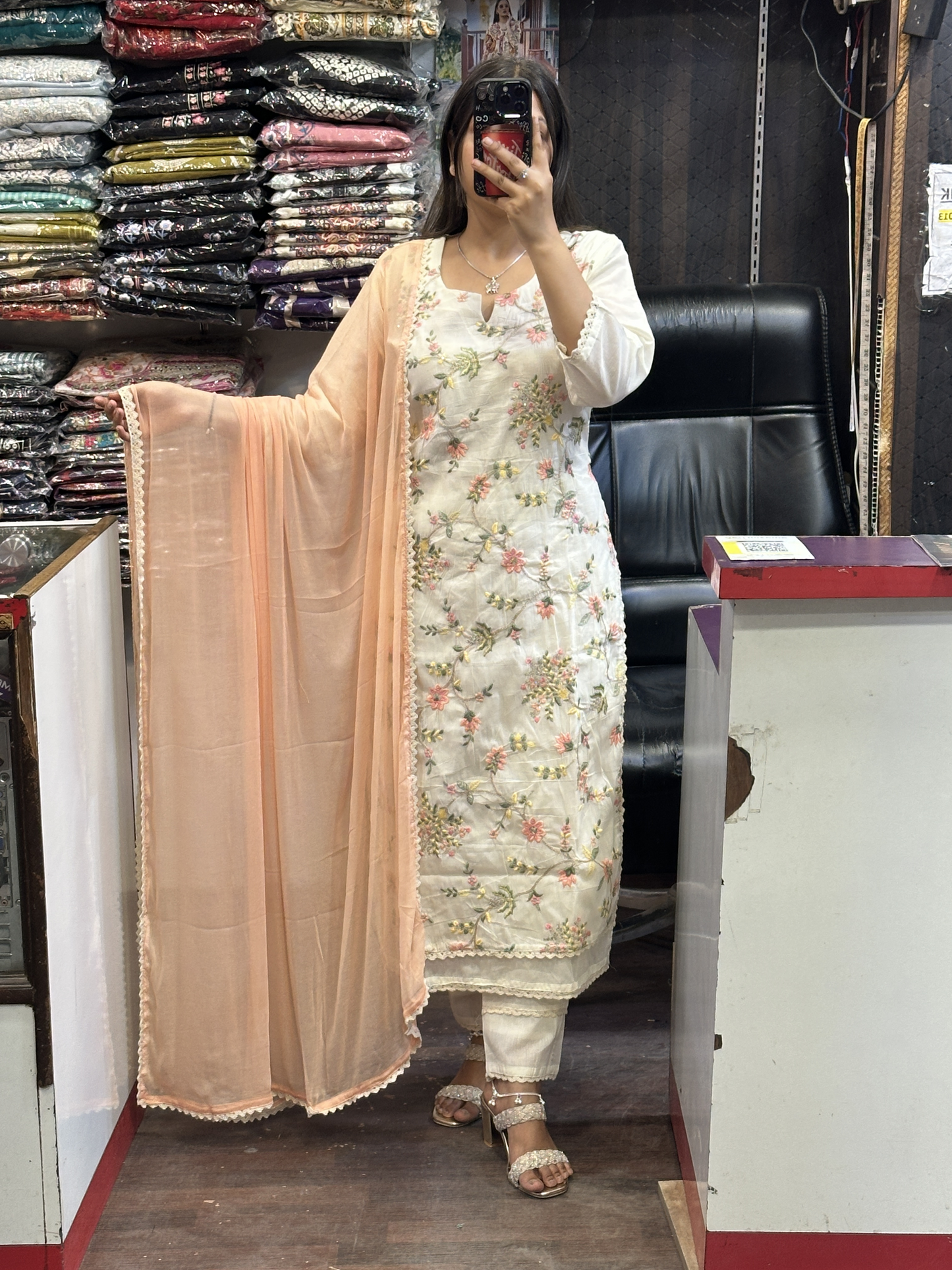 Off White Hand Embroidery Sequence Work Cotton Kurta with lining, Pant & Pure contrast Dupatta