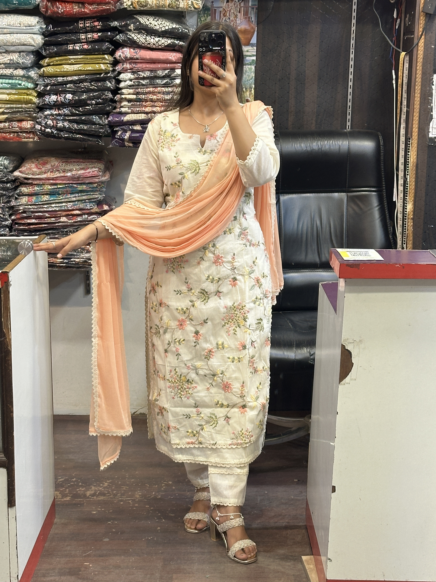 Off White Hand Embroidery Sequence Work Cotton Kurta with lining, Pant & Pure contrast Dupatta