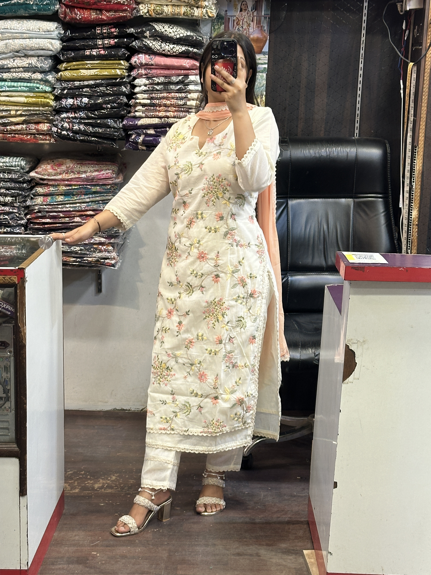 Off White Hand Embroidery Sequence Work Cotton Kurta with lining, Pant & Pure contrast Dupatta