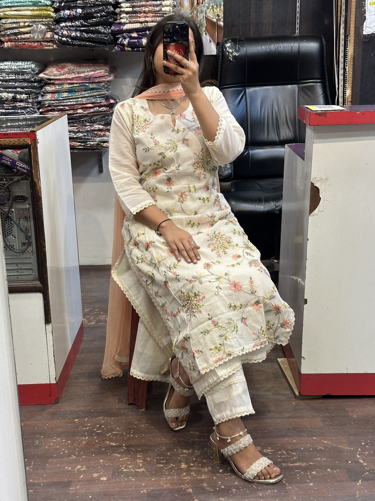 Off White Hand Embroidery Sequence Work Cotton Kurta with lining, Pant & Pure contrast Dupatta