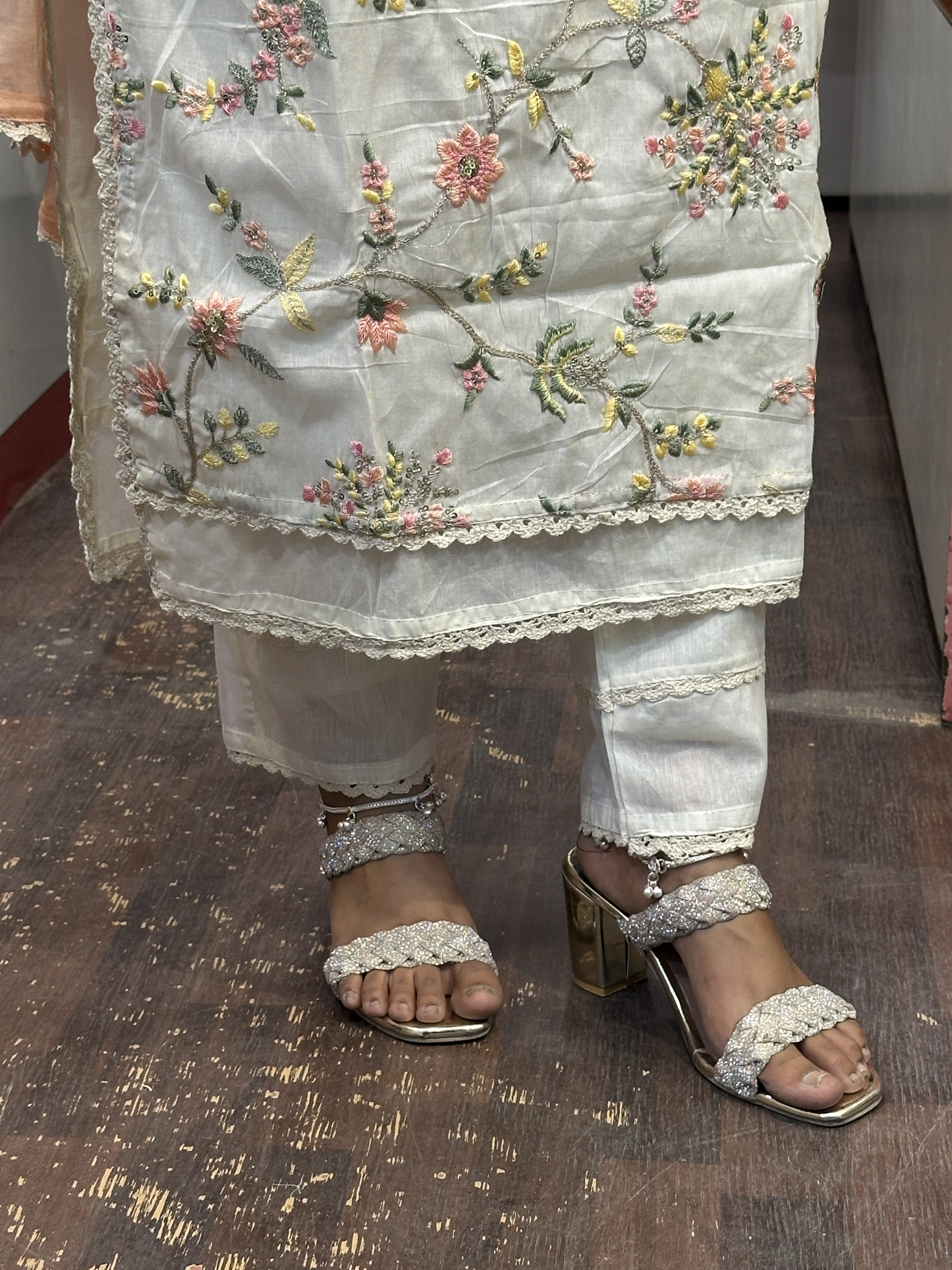 Off White Hand Embroidery Sequence Work Cotton Kurta with lining, Pant & Pure contrast Dupatta