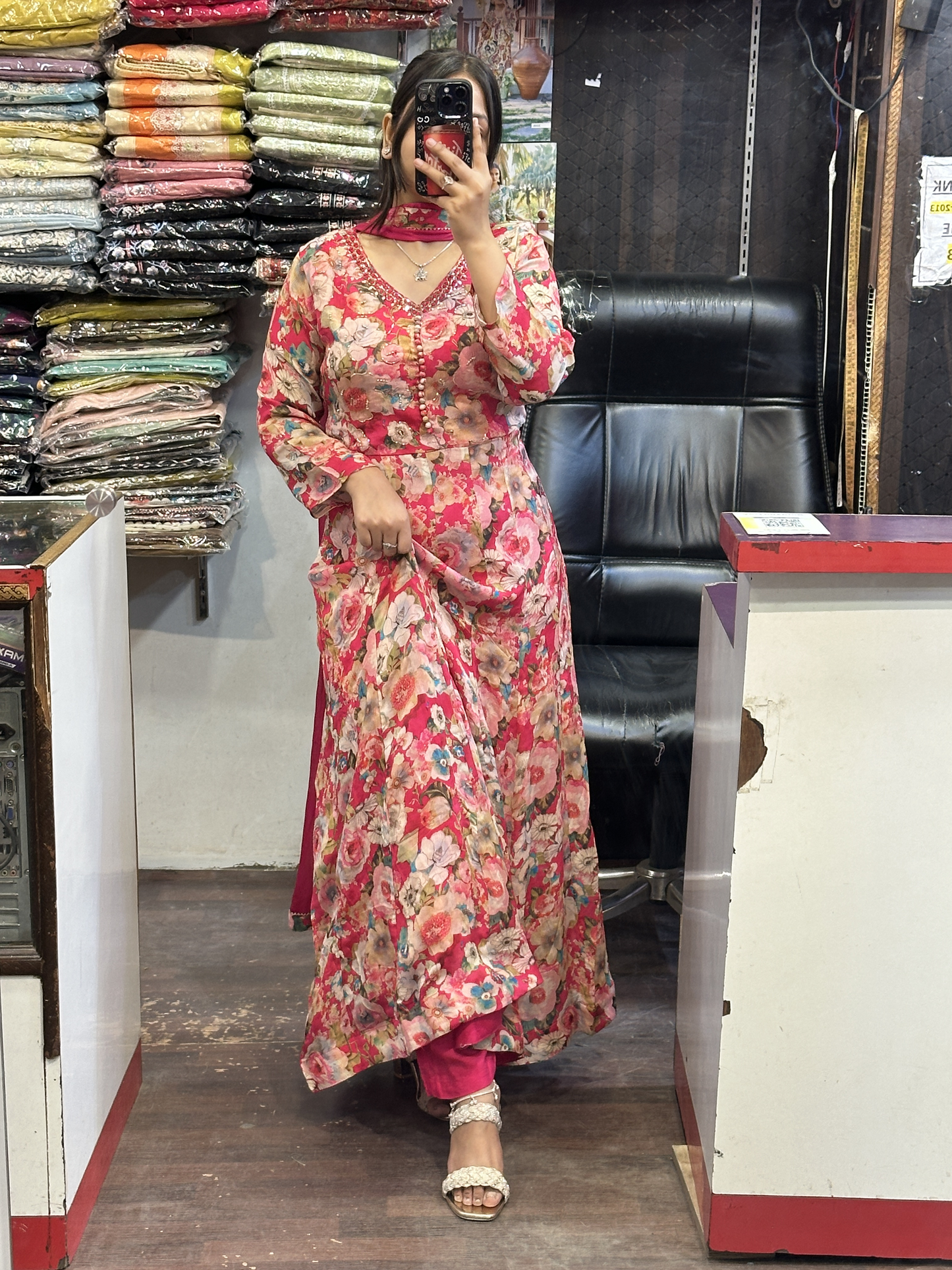 Chinnon embroidered printed anarkali dress 3pc with Pant and dupatta