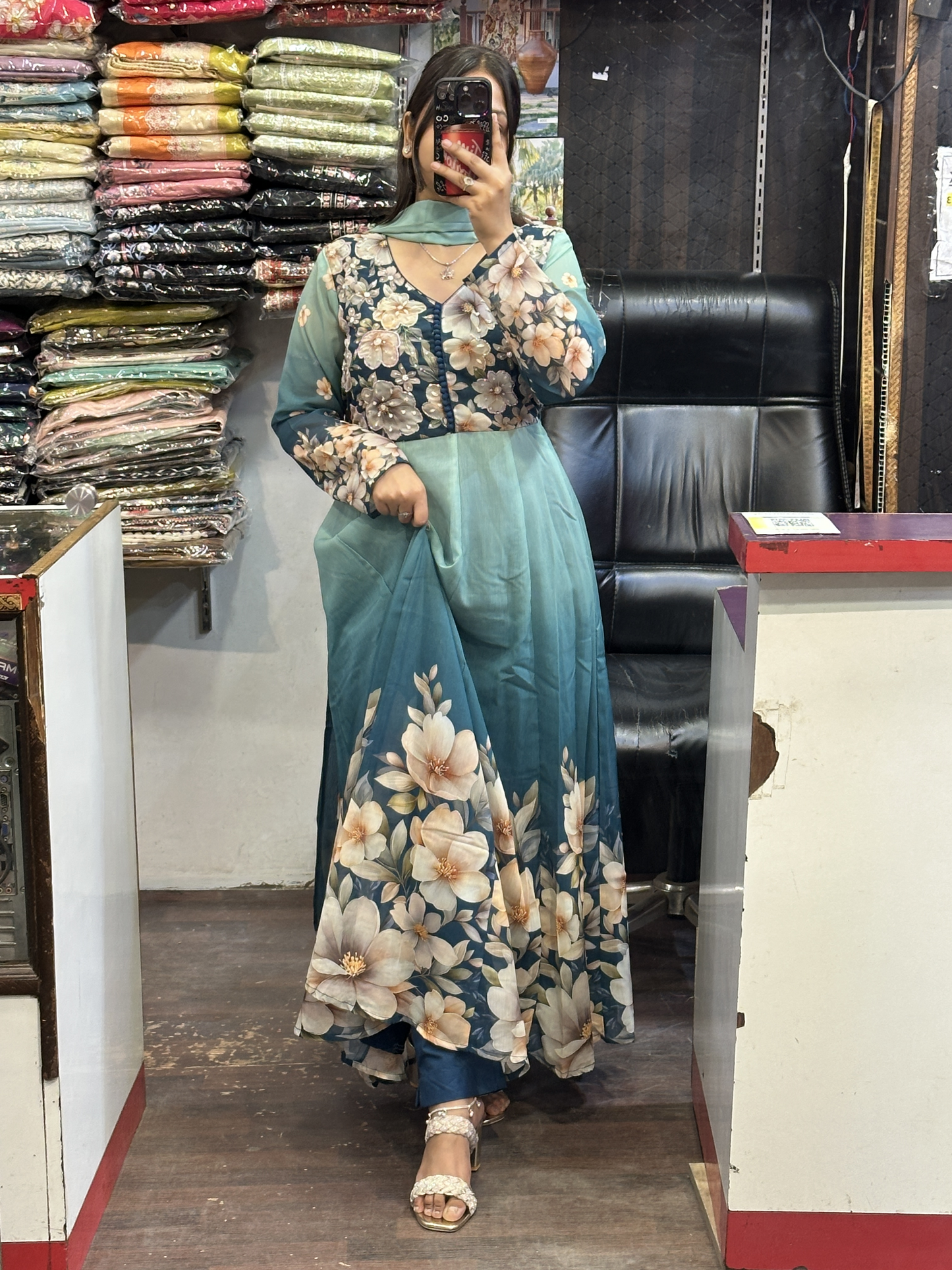 Blue Soft Organza Floral Print Full Flair Anarkali Suit with Hand Embroidery Work on Neck & Embroidered Organza Dupatta