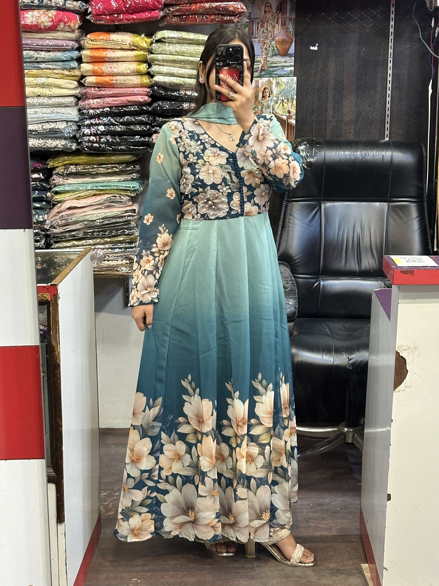 Blue Soft Organza Floral Print Full Flair Anarkali Suit with Hand Embroidery Work on Neck & Embroidered Organza Dupatta
