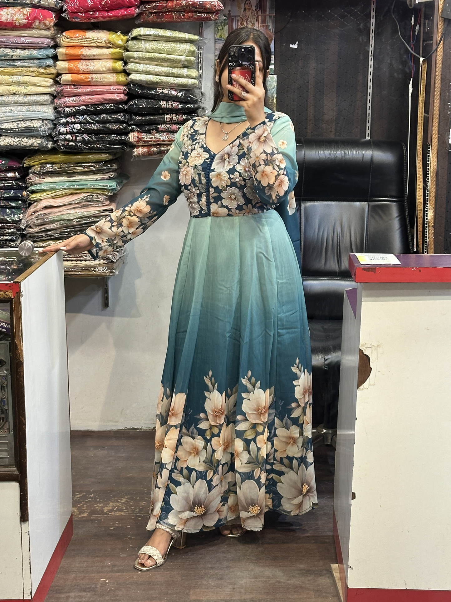 Blue Soft Organza Floral Print Full Flair Anarkali Suit with Hand Embroidery Work on Neck & Embroidered Organza Dupatta