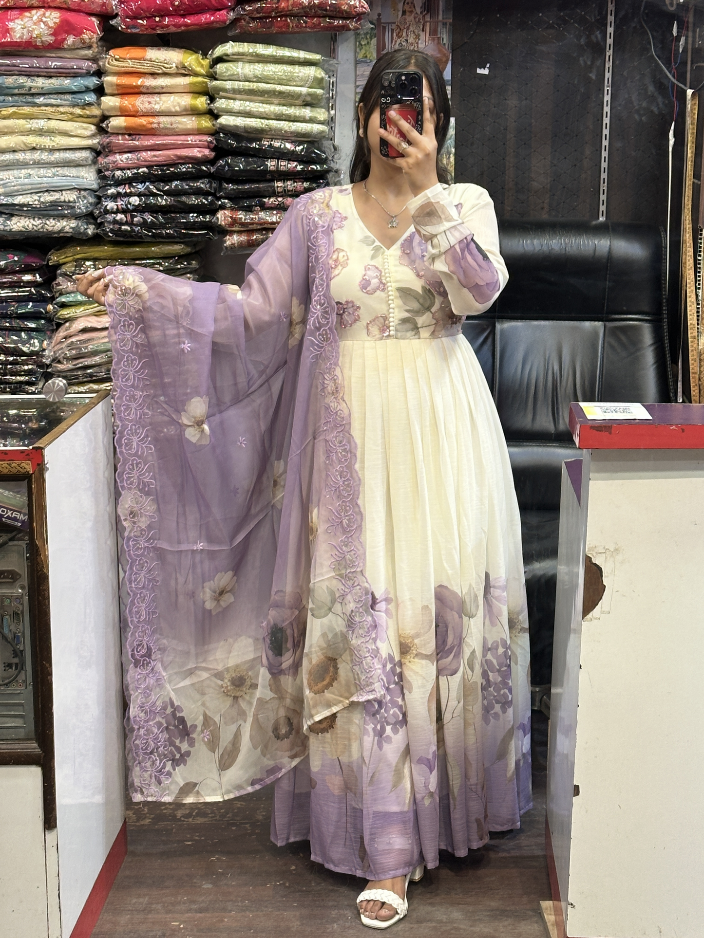 Cream & Lavender Soft Chiffon Floral Print Full Flair Anarkali Suit with Hand Embroidery Work on Neck & Embroidered Organza Dupatta