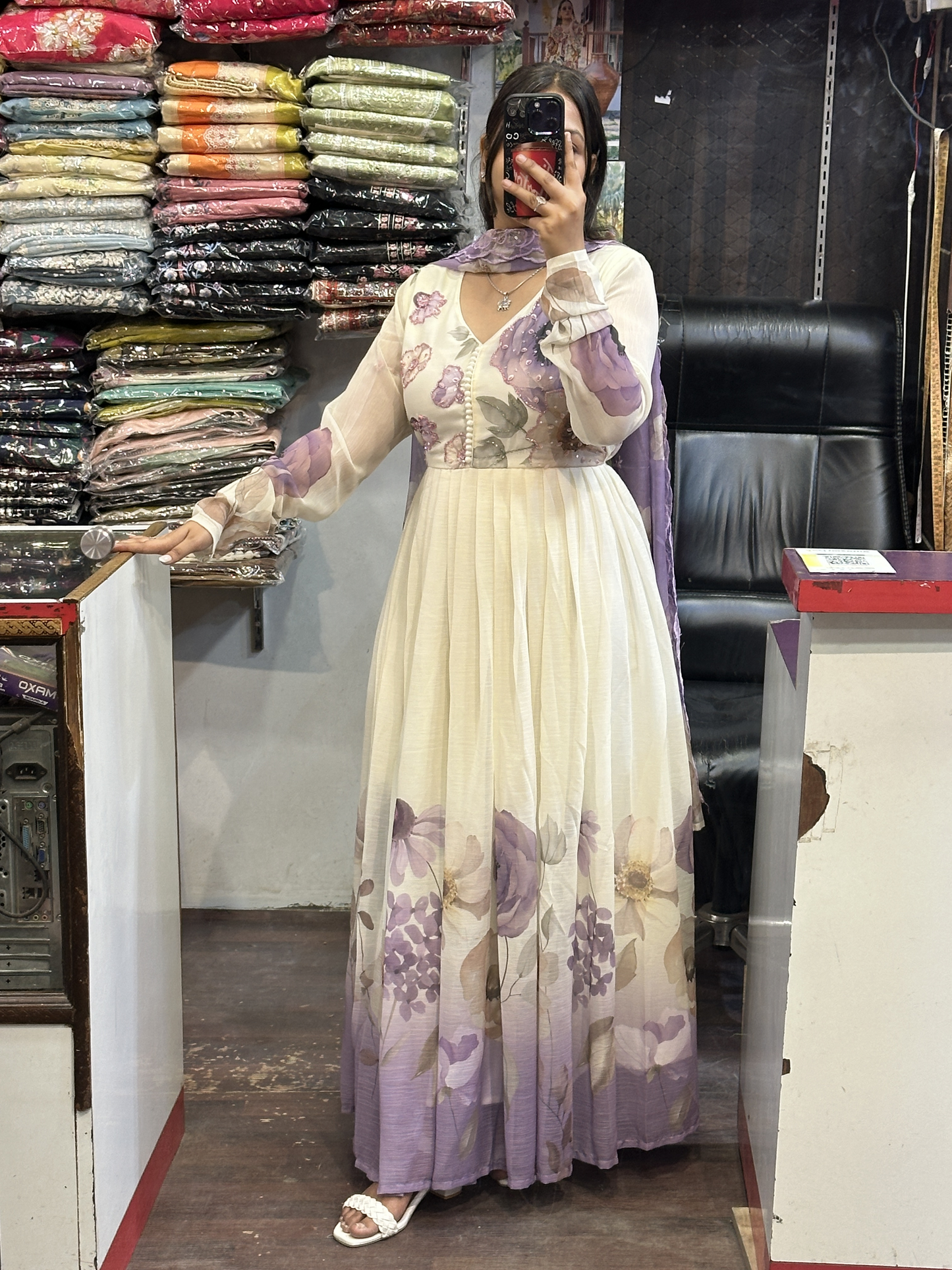 Cream & Lavender Soft Chiffon Floral Print Full Flair Anarkali Suit with Hand Embroidery Work on Neck & Embroidered Organza Dupatta