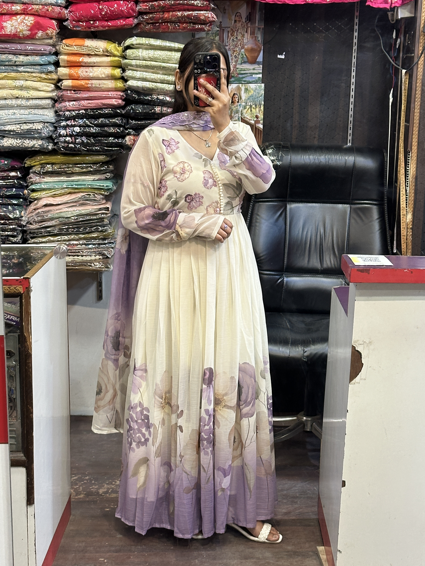 Cream & Lavender Soft Chiffon Floral Print Full Flair Anarkali Suit with Hand Embroidery Work on Neck & Embroidered Organza Dupatta