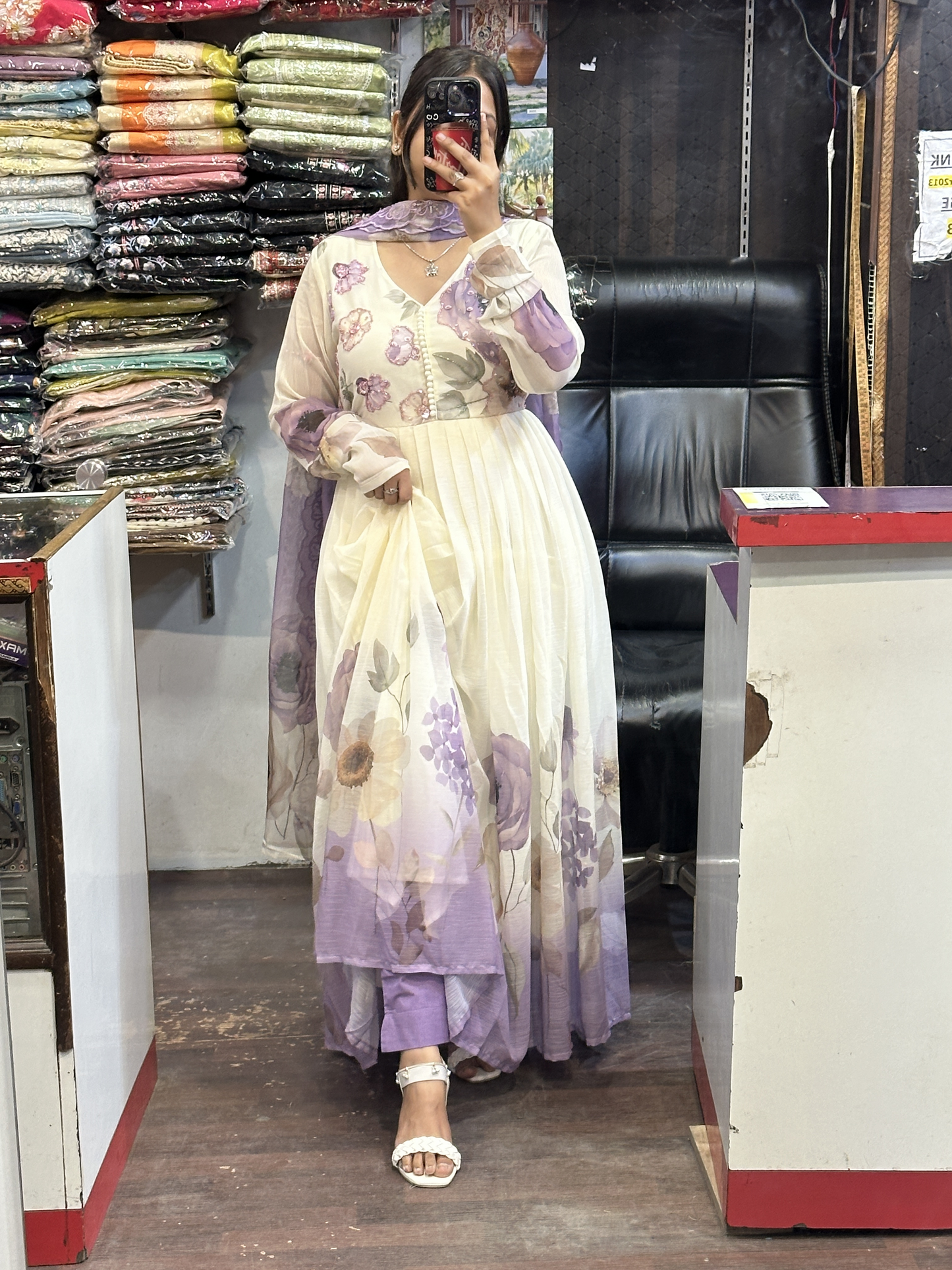 Cream & Lavender Soft Chiffon Floral Print Full Flair Anarkali Suit with Hand Embroidery Work on Neck & Embroidered Organza Dupatta