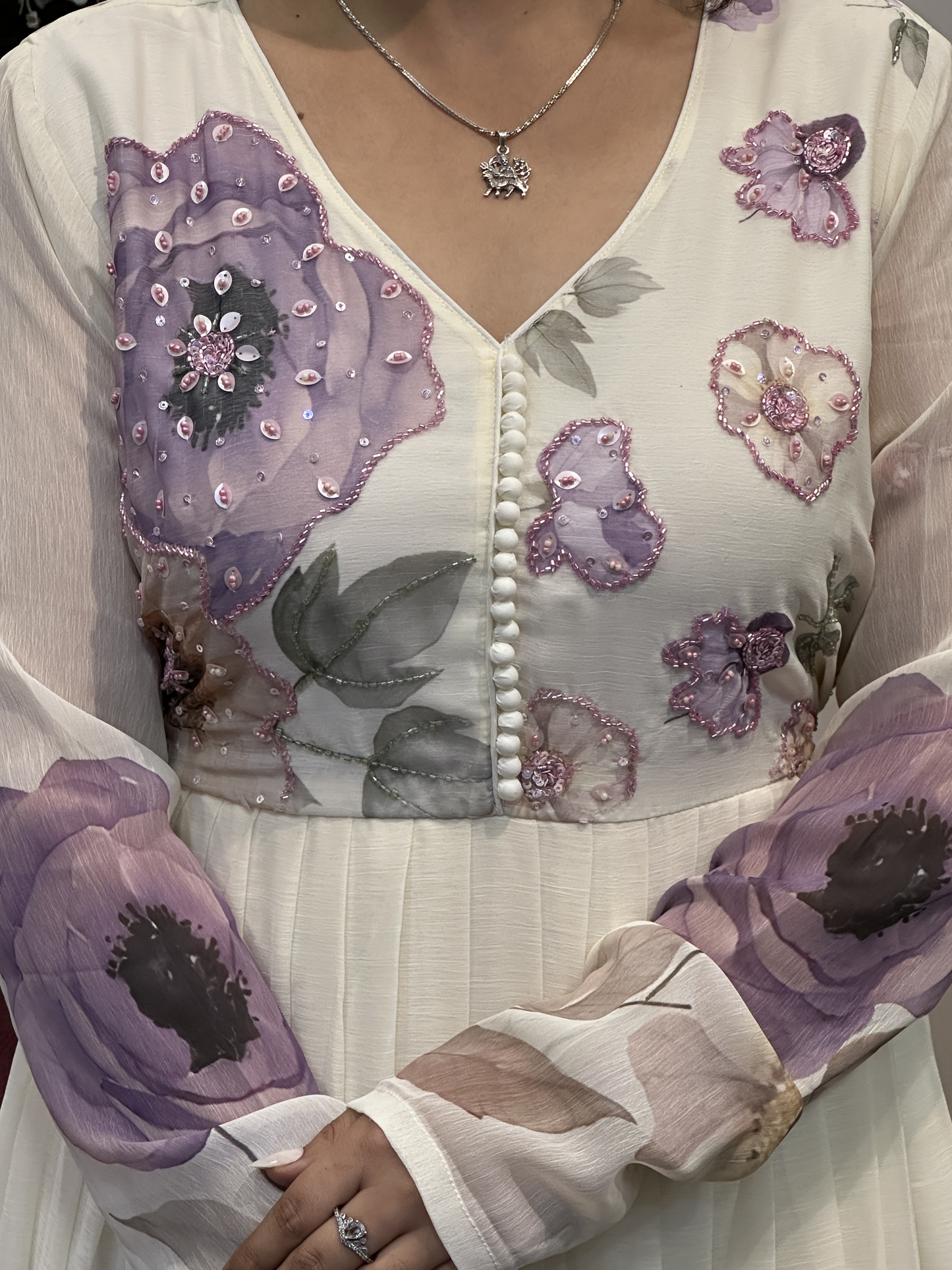 Cream & Lavender Soft Chiffon Floral Print Full Flair Anarkali Suit with Hand Embroidery Work on Neck & Embroidered Organza Dupatta