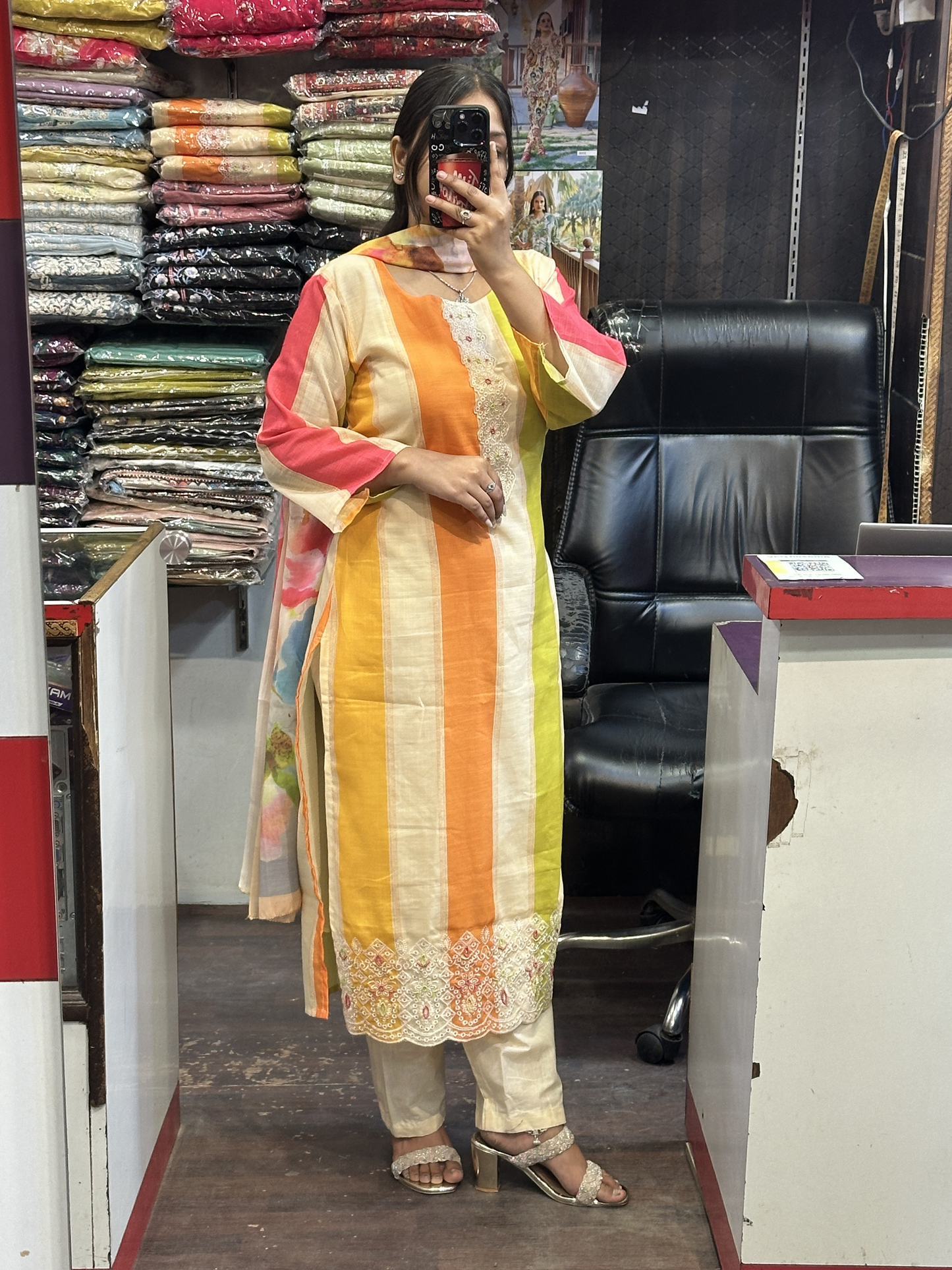 Multi Colour Cotton Linen Stripes Suit Neck Handwork with Mal Lining Along Pant And Printed Dupatta