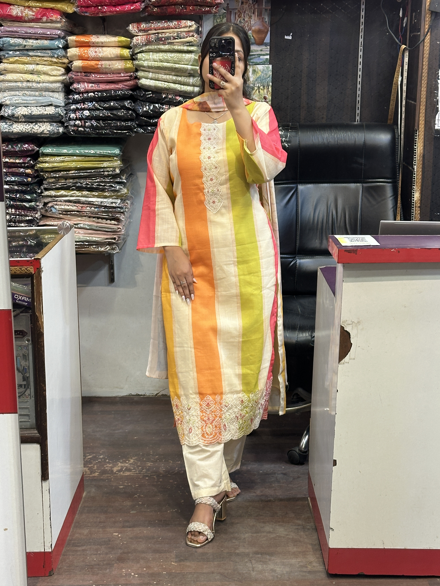 Multi Colour Cotton Linen Stripes Suit Neck Handwork with Mal Lining Along Pant And Printed Dupatta