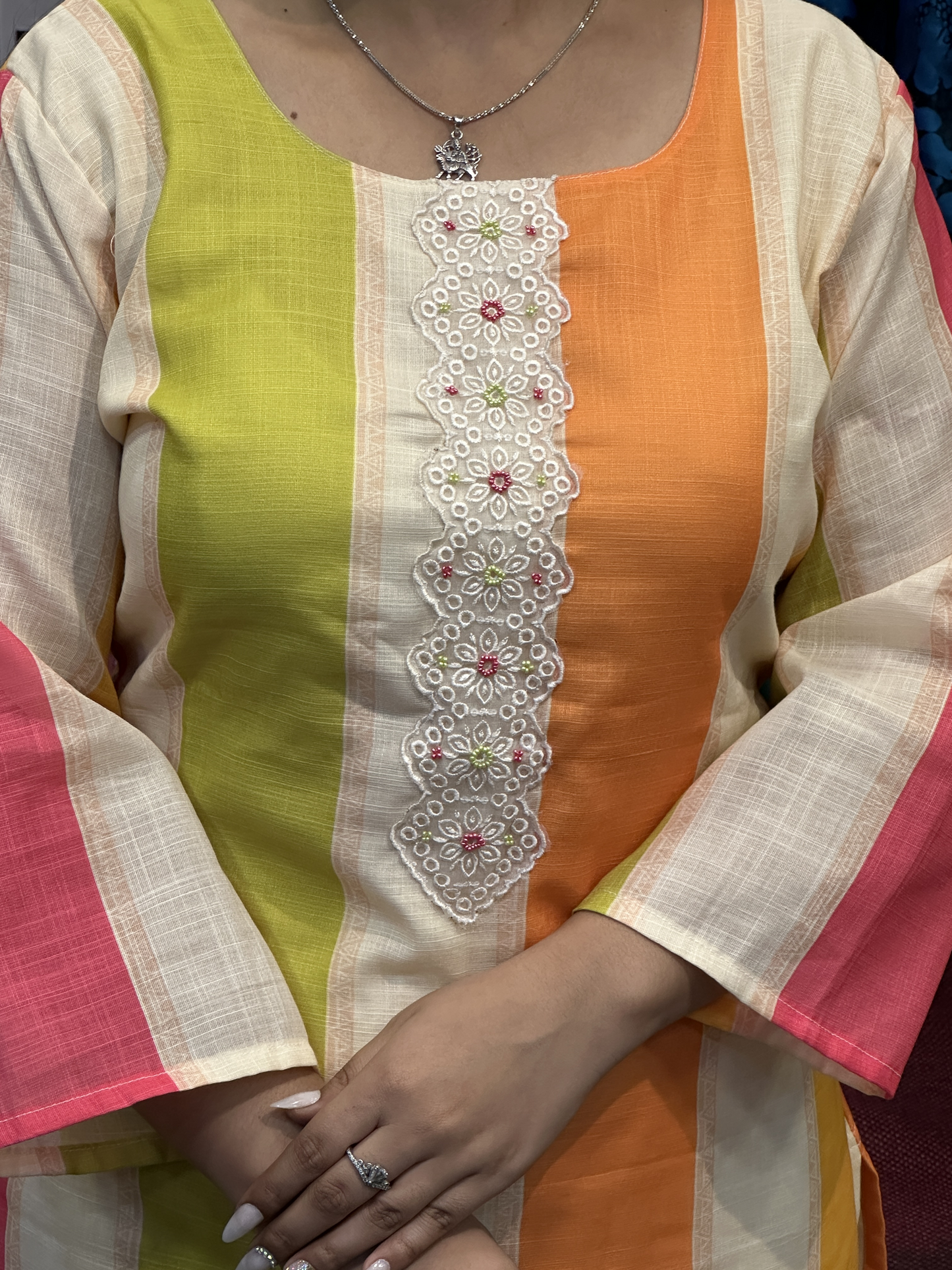 Multi Colour Cotton Linen Stripes Suit Neck Handwork with Mal Lining Along Pant And Printed Dupatta