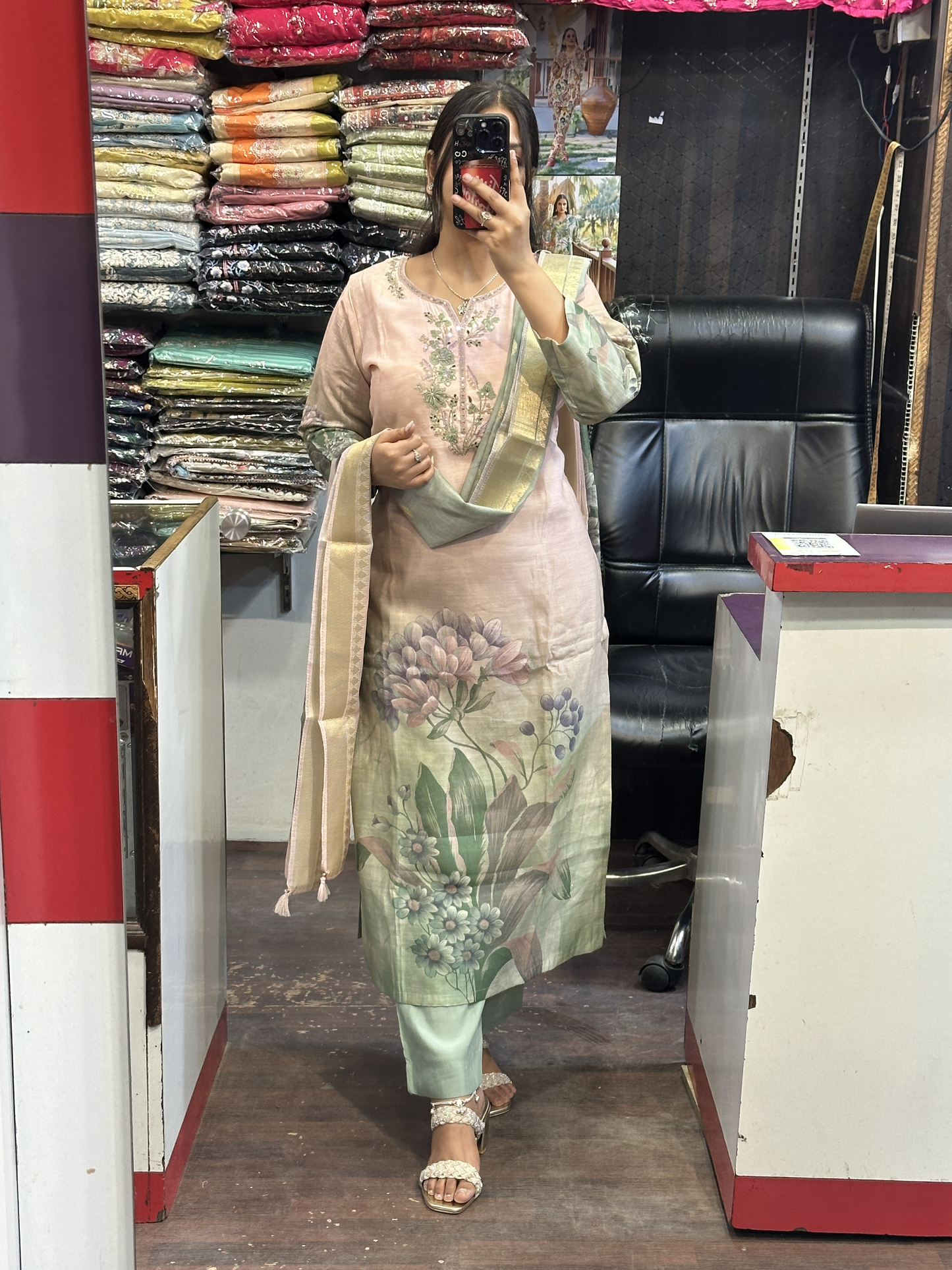 Premium Silmona Soft Slub Silk Digital Printed Straight Kurti with Mal Lining Designer Dori Coding Neck Embroidery with Silk Jaquard Digital Printed Dupatta