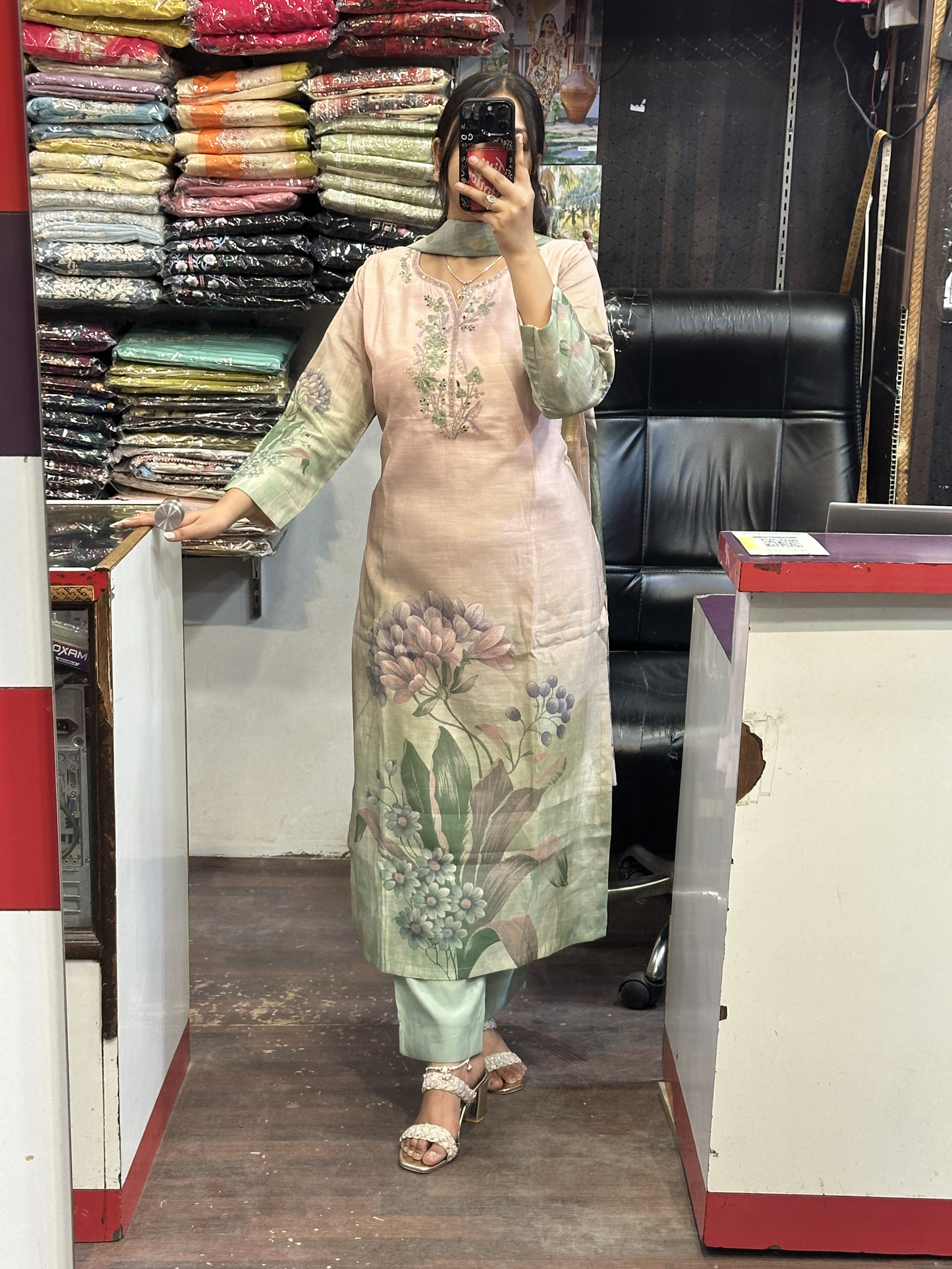 Premium Silmona Soft Slub Silk Digital Printed Straight Kurti with Mal Lining Designer Dori Coding Neck Embroidery with Silk Jaquard Digital Printed Dupatta