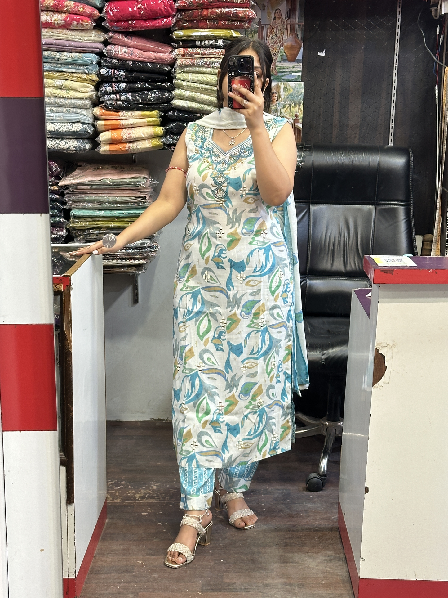 White & Sky Blue Mirror Work Cotton Pant Suit with Full Floral Cotton Dupatta( Full Sleeves Attached inside )