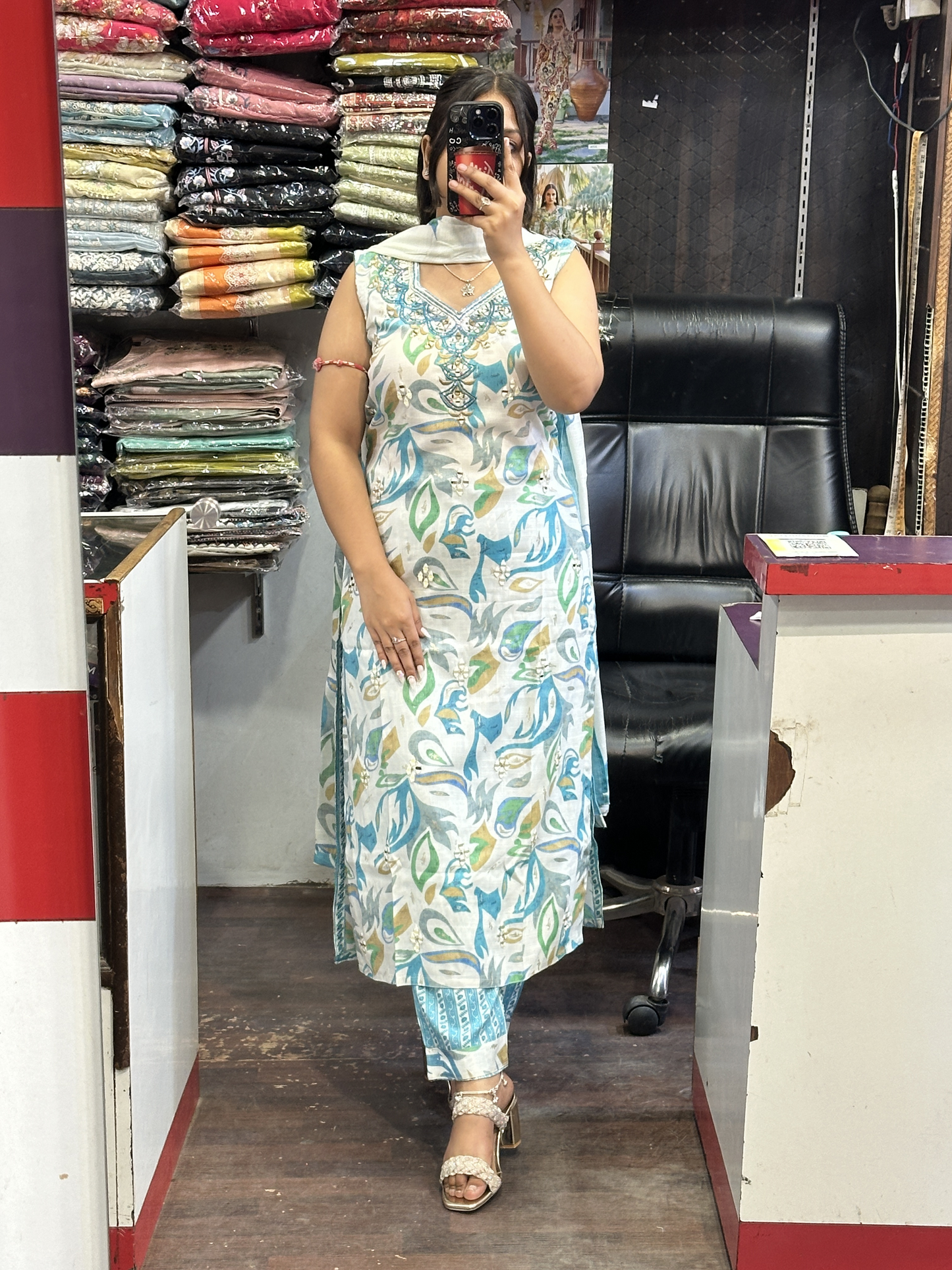 White & Sky Blue Mirror Work Cotton Pant Suit with Full Floral Cotton Dupatta( Full Sleeves Attached inside )