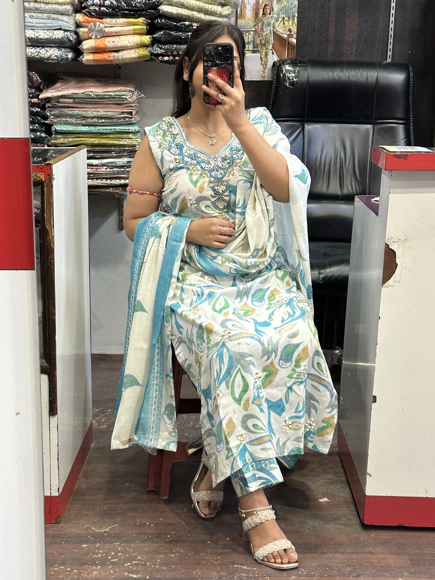 White & Sky Blue Mirror Work Cotton Pant Suit with Full Floral Cotton Dupatta( Full Sleeves Attached inside )