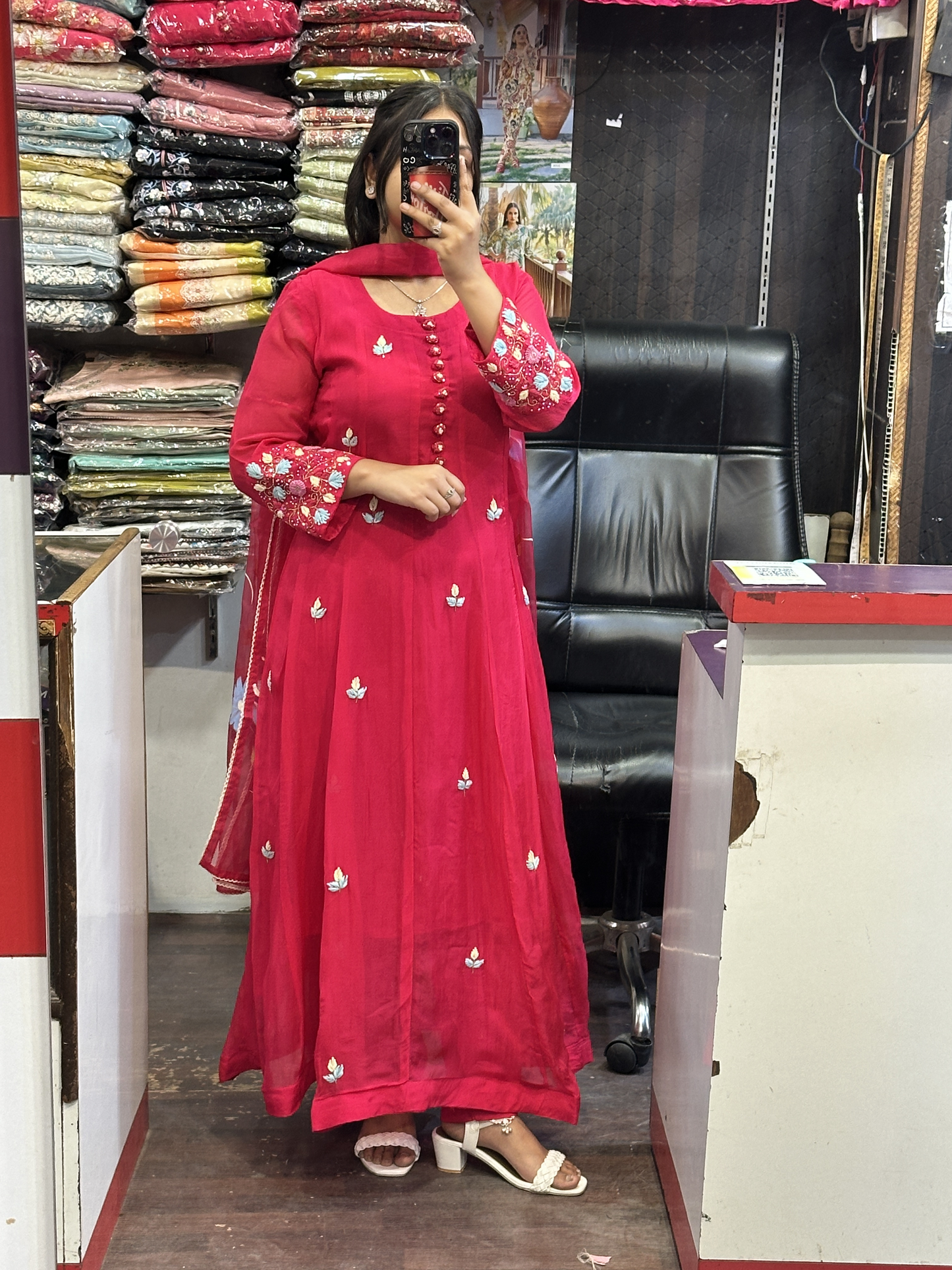 Hot Pink Organza Designer Anarkali Dress with Handwork Sleeves with Pant and Full Brush Paint Organza Dupatta
