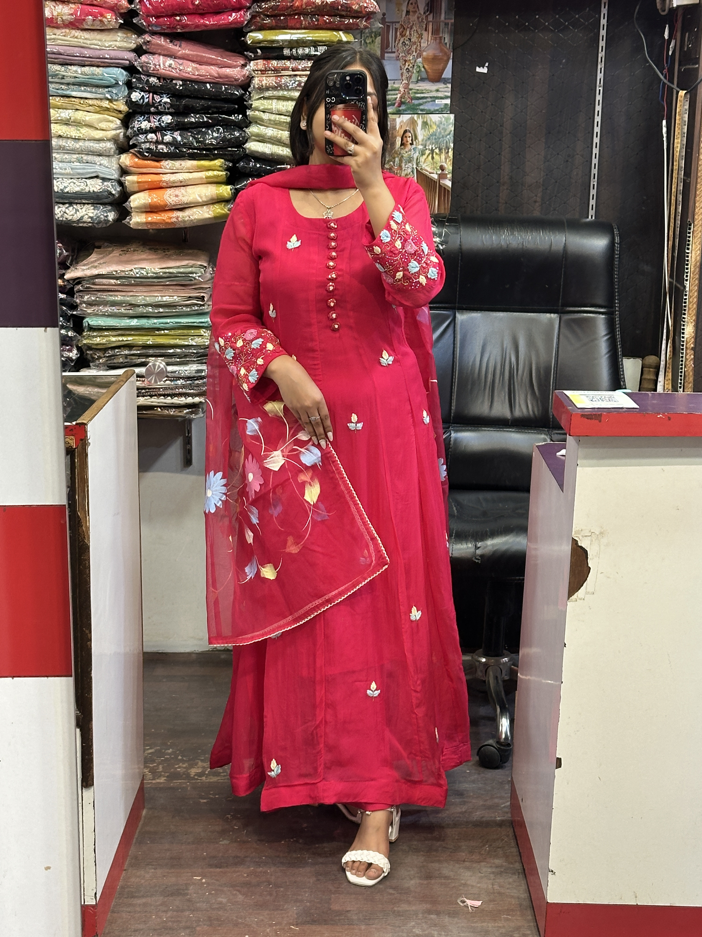 Hot Pink Organza Designer Anarkali Dress with Handwork Sleeves with Pant and Full Brush Paint Organza Dupatta