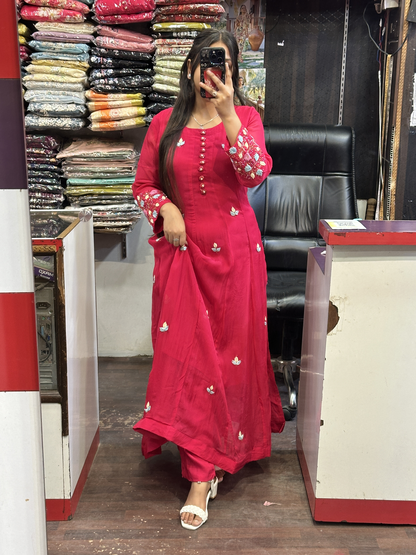 Hot Pink Organza Designer Anarkali Dress with Handwork Sleeves with Pant and Full Brush Paint Organza Dupatta