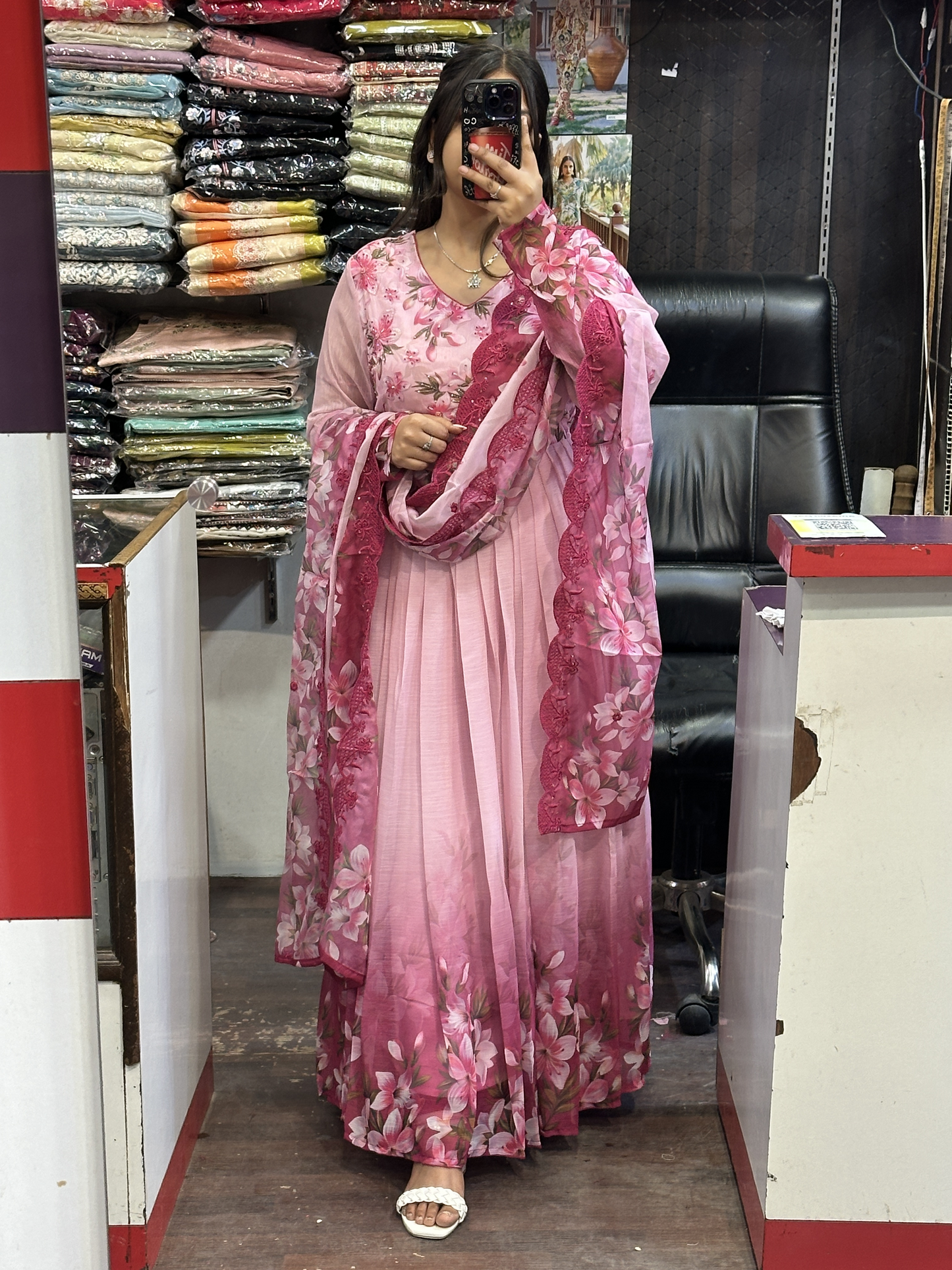 Rose pink Chiffon Floral Print Anarkali Suit with Hand embroidery Work on neck & Embroidered Organza Duppata