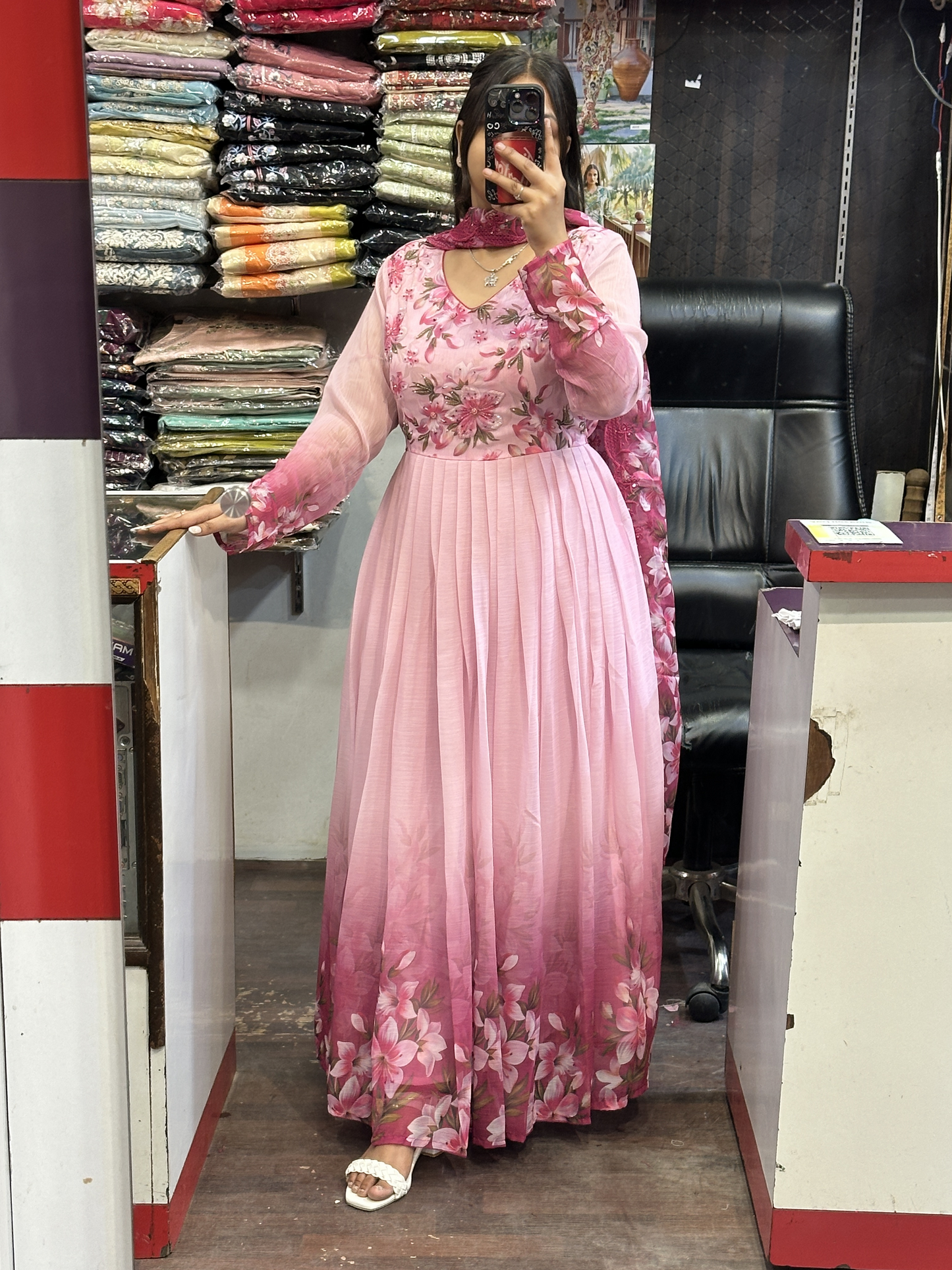 Rose pink Chiffon Floral Print Anarkali Suit with Hand embroidery Work on neck & Embroidered Organza Duppata
