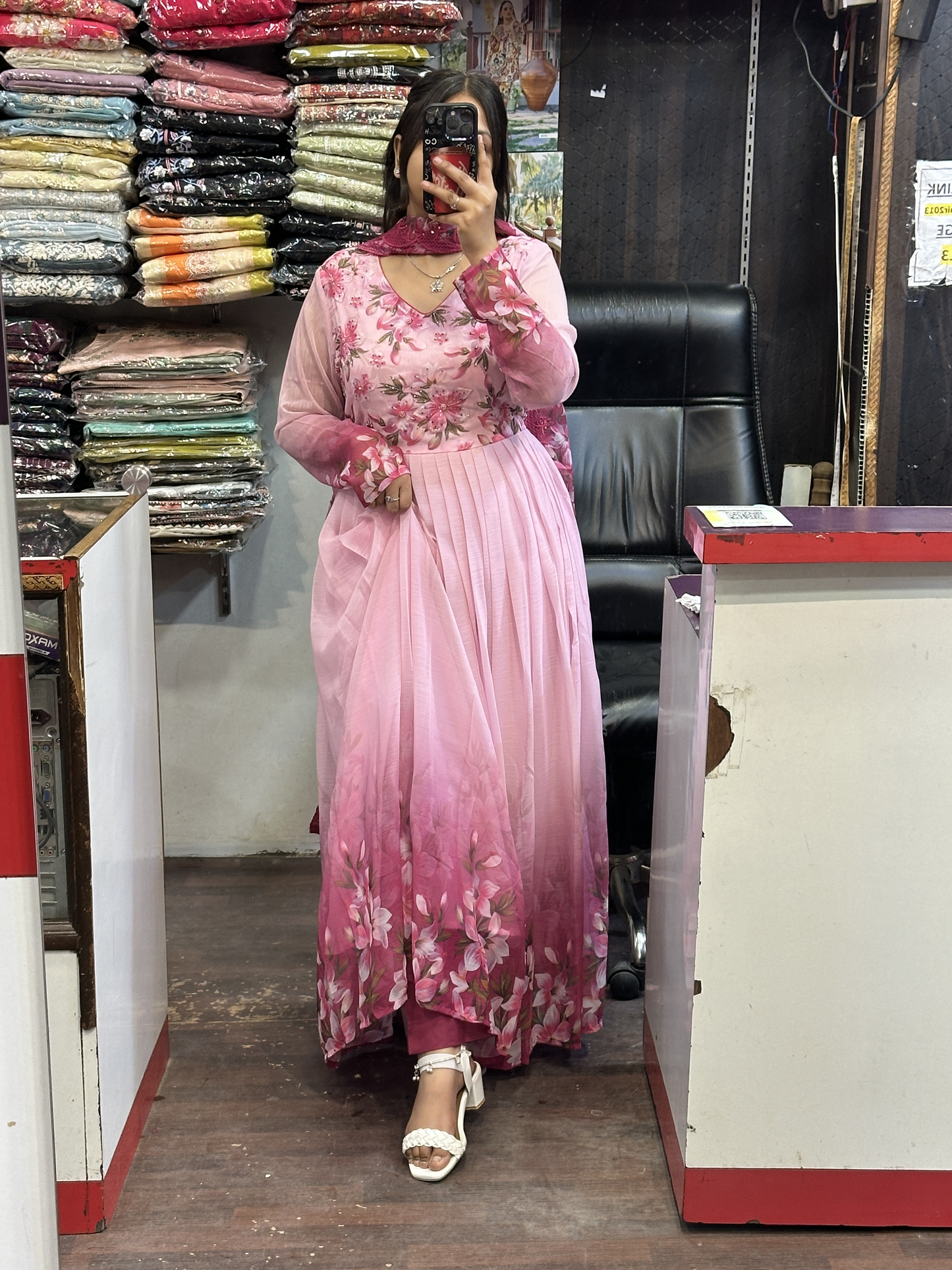 Rose pink Chiffon Floral Print Anarkali Suit with Hand embroidery Work on neck & Embroidered Organza Duppata