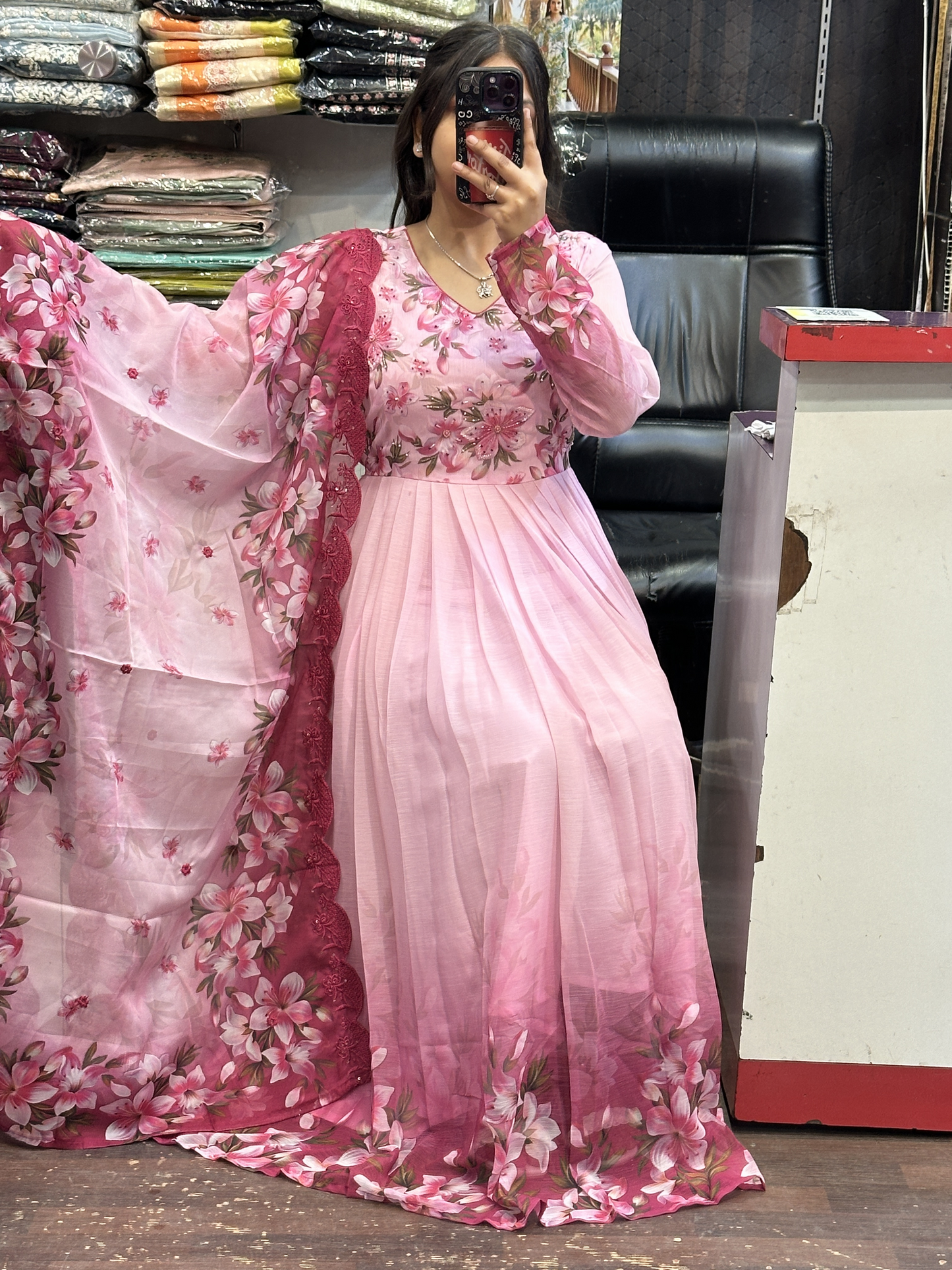 Rose pink Chiffon Floral Print Anarkali Suit with Hand embroidery Work on neck & Embroidered Organza Duppata