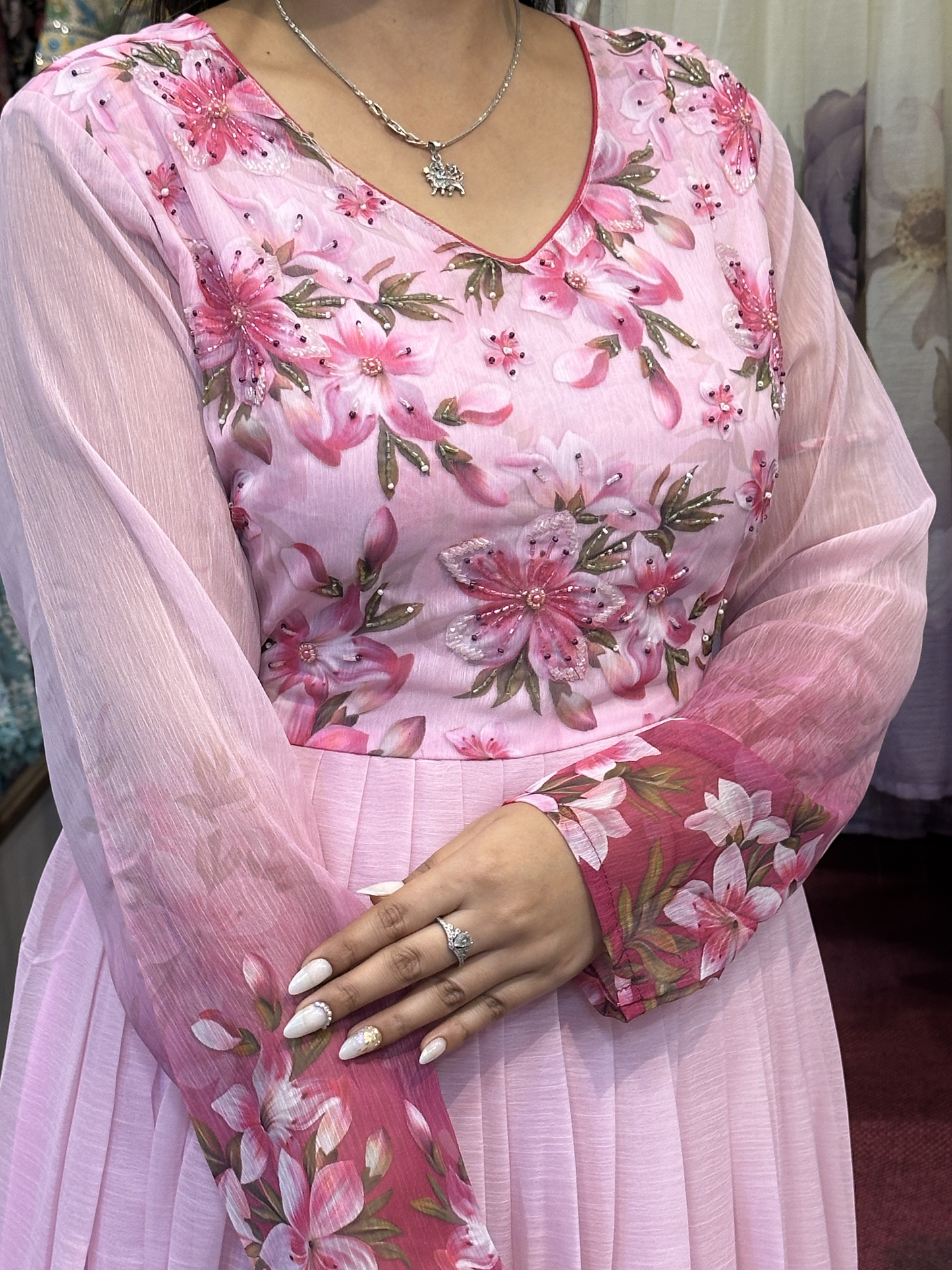 Rose pink Chiffon Floral Print Anarkali Suit with Hand embroidery Work on neck & Embroidered Organza Duppata