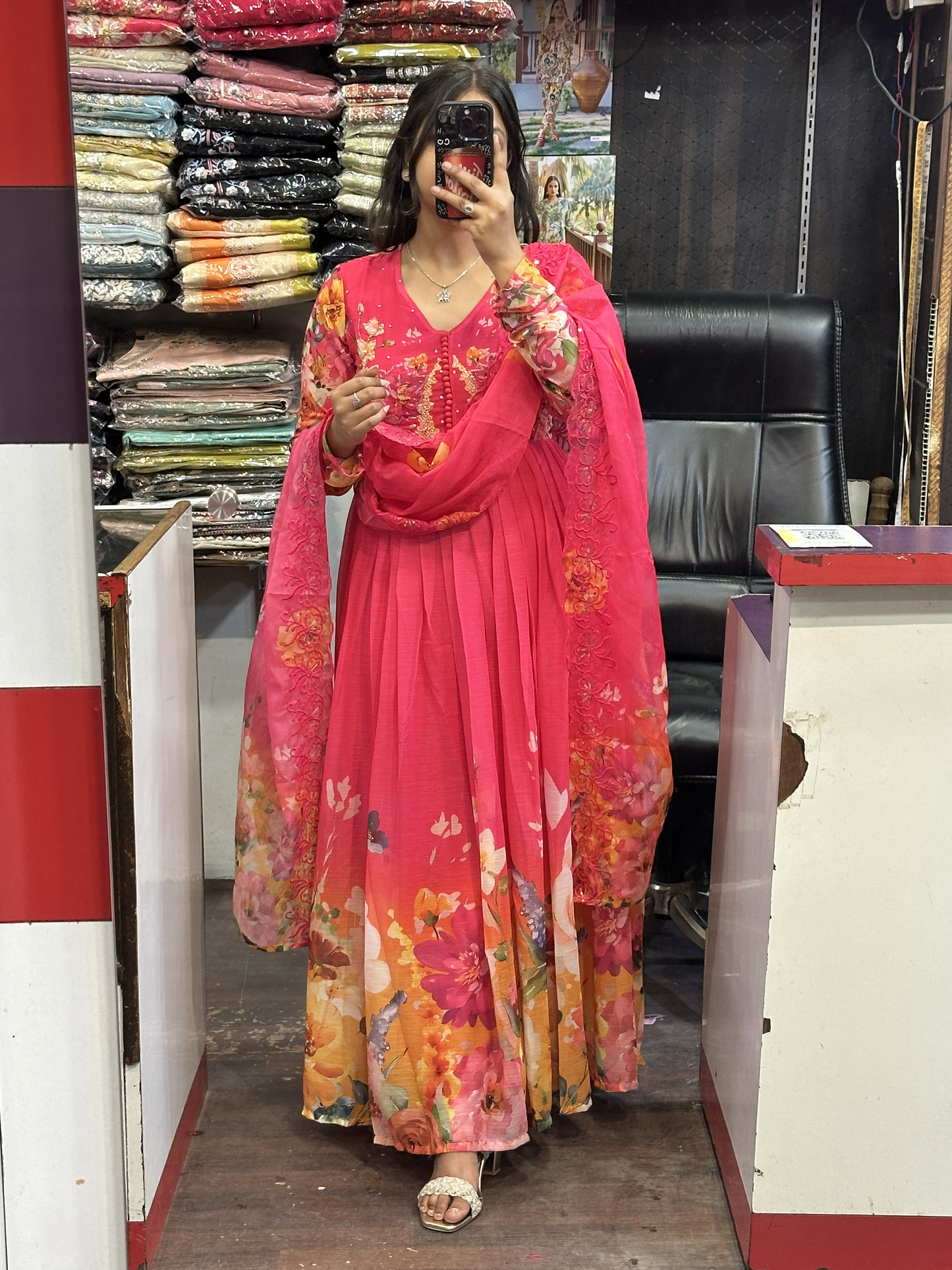 Vibrant Pink Soft Chiffon Hand Embroidered Full Flair Anarkali Suit with Beautiful Embroidered Organza Duppata