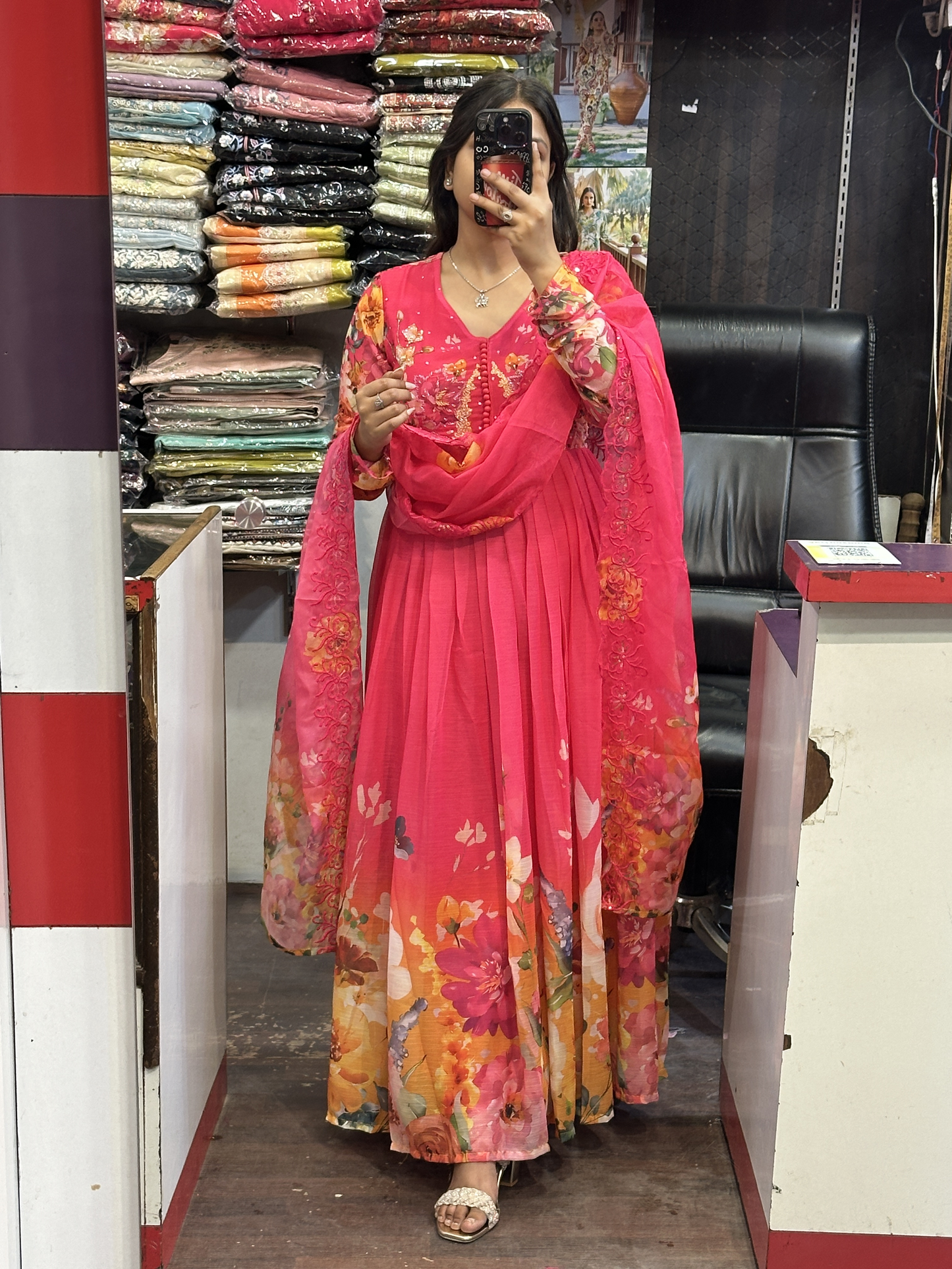 Vibrant Pink Soft Chiffon Hand Embroidered Full Flair Anarkali Suit with Beautiful Embroidered Organza Duppata