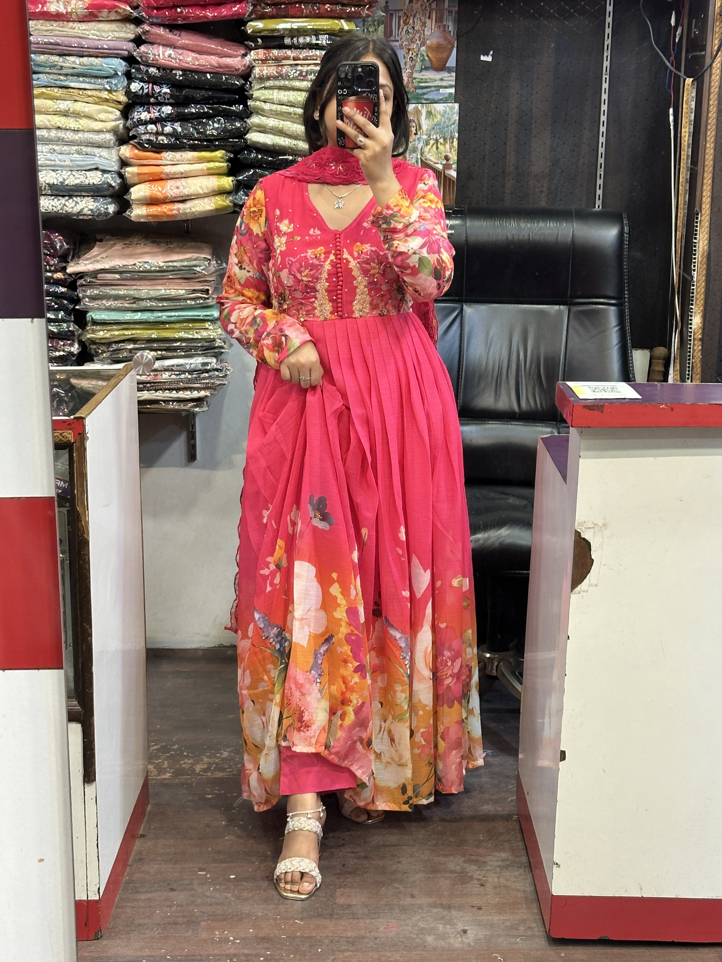 Vibrant Pink Soft Chiffon Hand Embroidered Full Flair Anarkali Suit with Beautiful Embroidered Organza Duppata