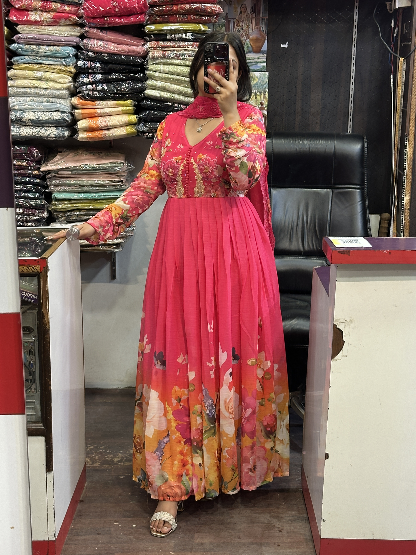 Vibrant Pink Soft Chiffon Hand Embroidered Full Flair Anarkali Suit with Beautiful Embroidered Organza Duppata