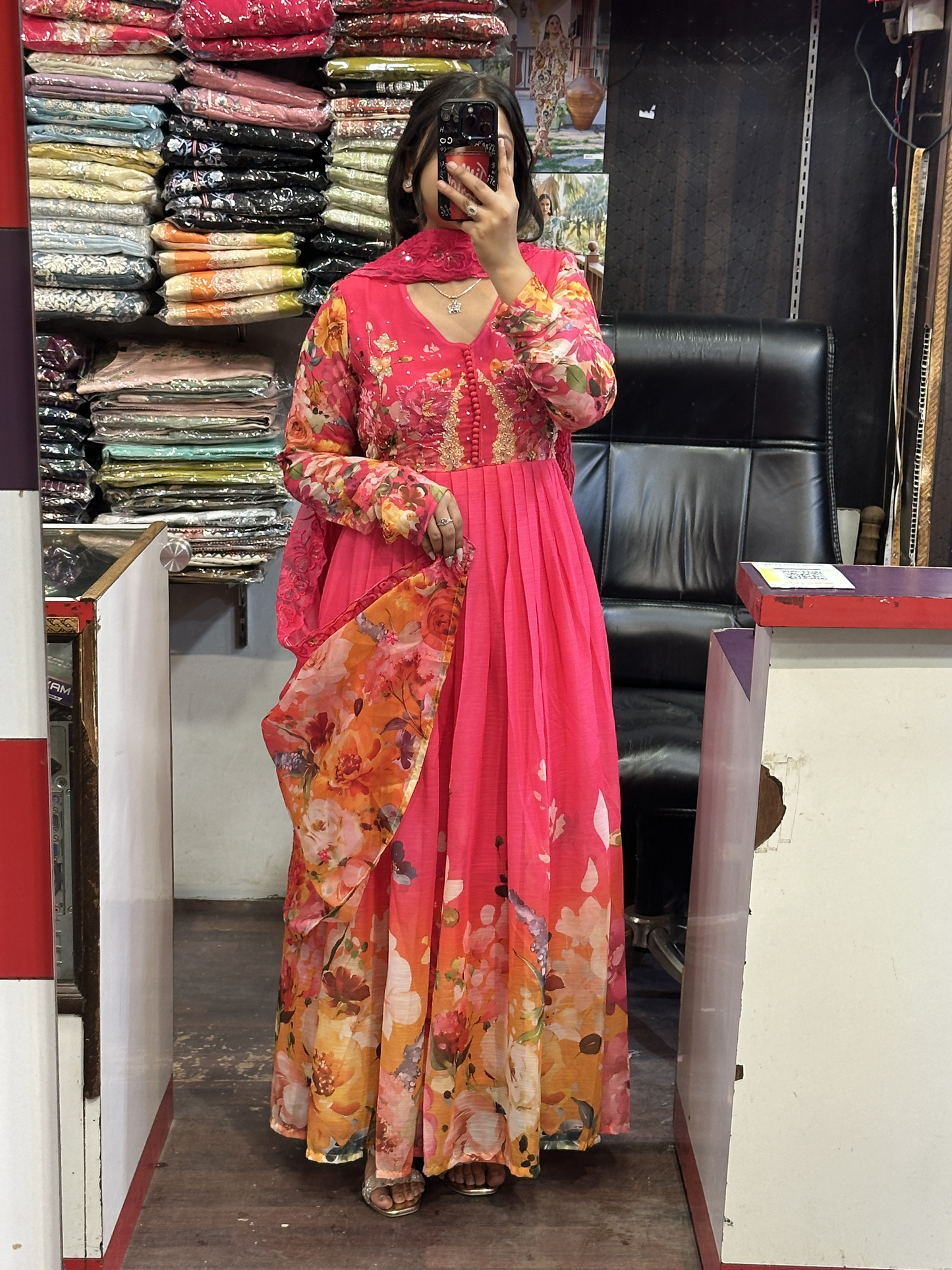 Vibrant Pink Soft Chiffon Hand Embroidered Full Flair Anarkali Suit with Beautiful Embroidered Organza Duppata