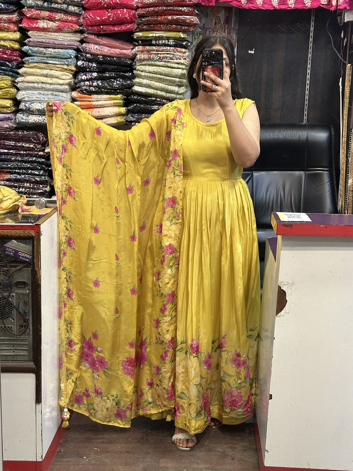 Yellow Crepe Floral Print Full Flair Anarkali Suit with Embroidered Jacket
